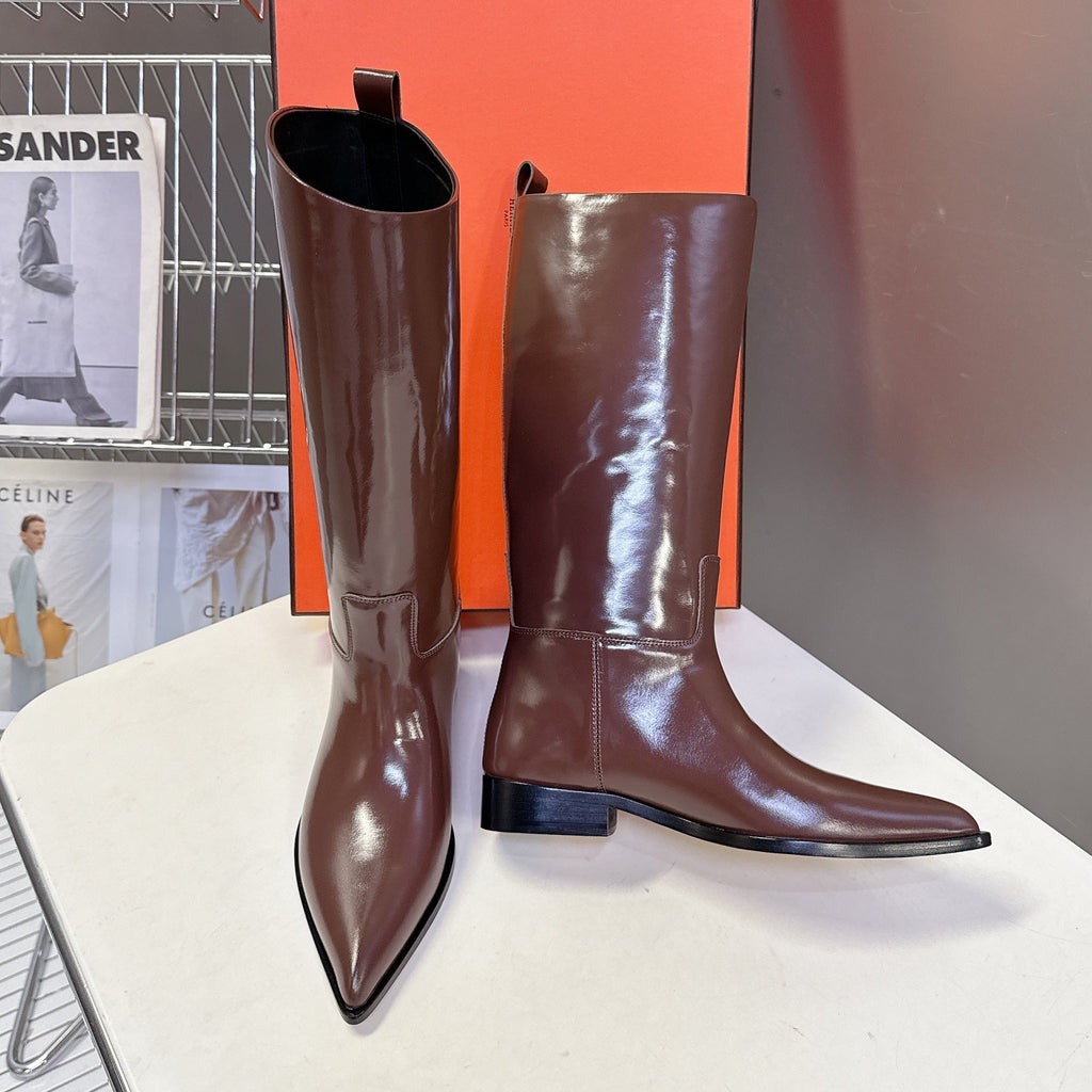 HERMES 25S POINTED-TOE KNEE-HIGH BOOTS IN BROWN GLOSSY LAMBSKIN