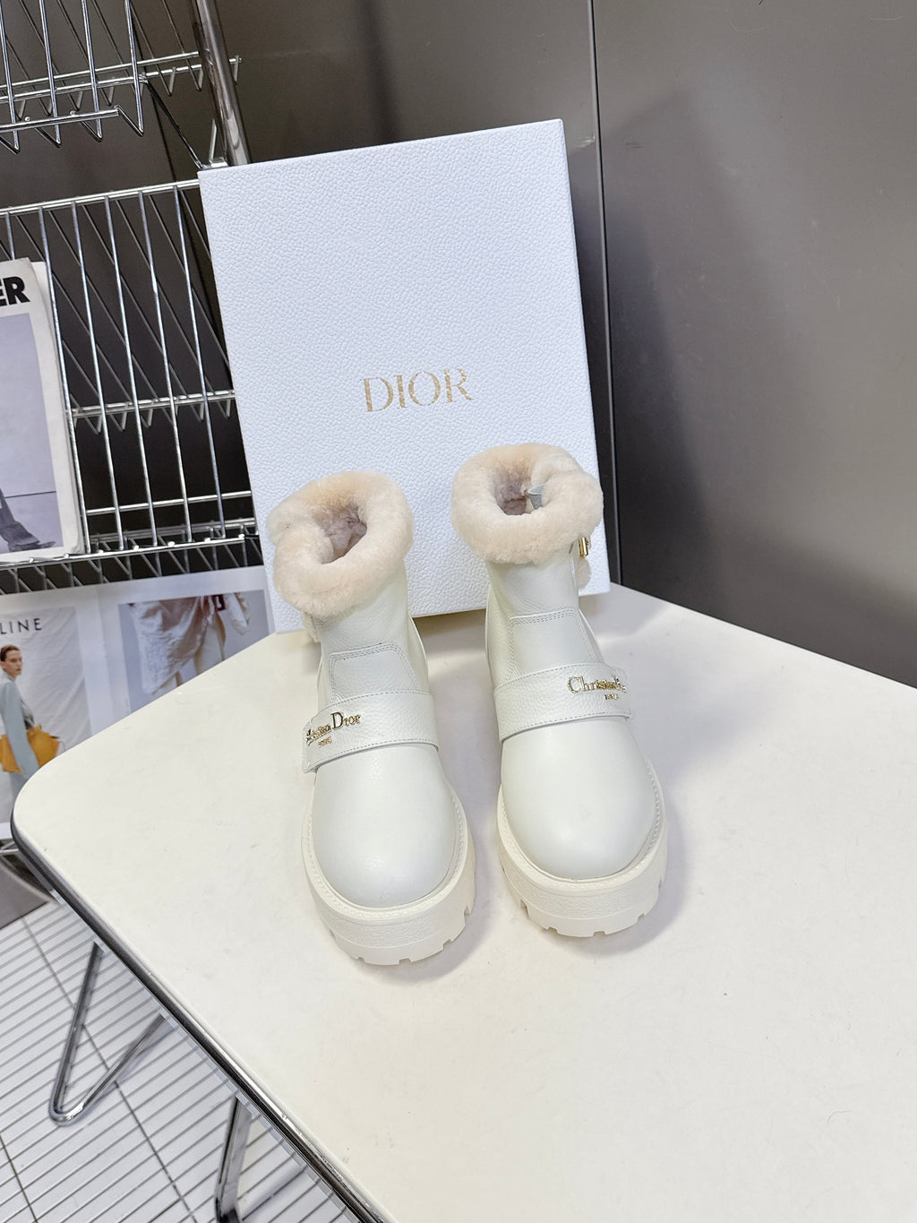 DIOR ALPS ANKLE BOOTS 25S IN WHITE LAMBSKIN AND BEIGE WOOL WITH GOLD HARDWARE