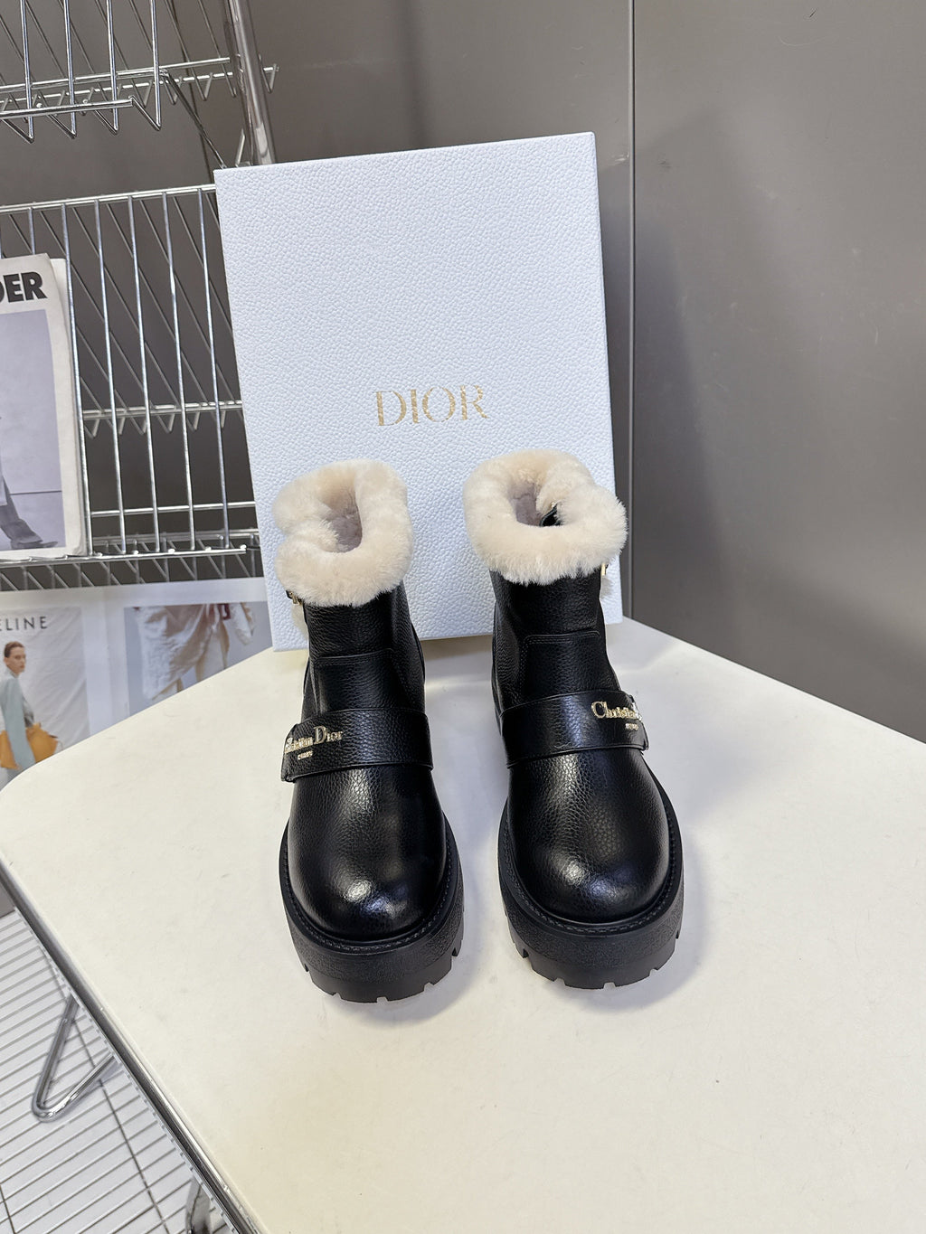 DIOR ALPS ANKLE BOOTS 25S IN BLACK LAMBSKIN AND BEIGE WOOL WITH SILVER HARDWARE
