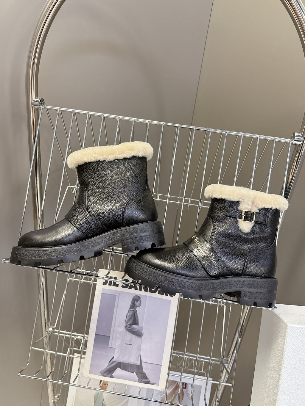 DIOR ALPS ANKLE BOOTS 25S IN BLACK LAMBSKIN AND BEIGE WOOL WITH SILVER HARDWARE