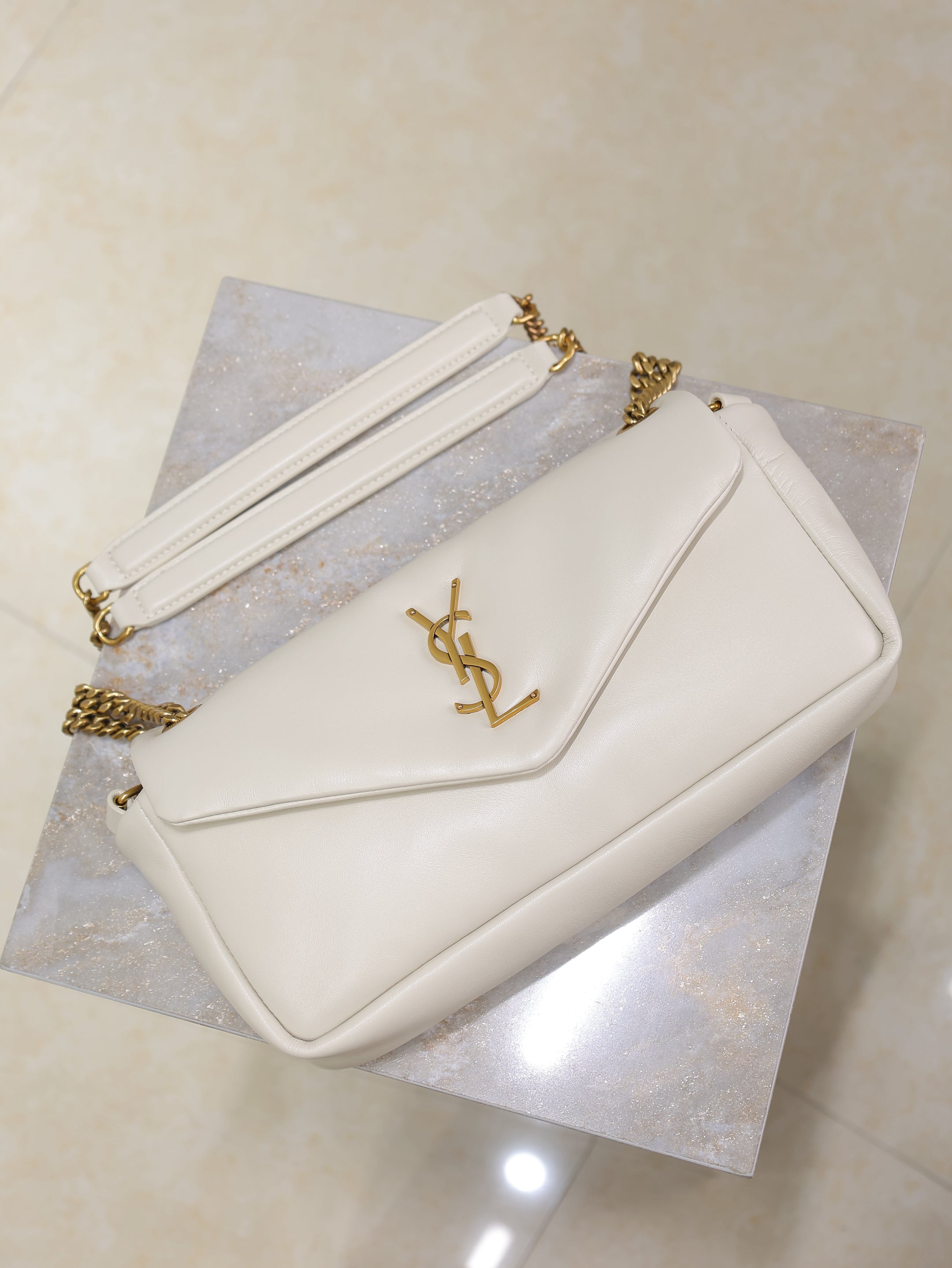 YSL 25S CALYPSO HANDBAG 26 IN IVORY LAMBSKIN GOLD HARDWARE