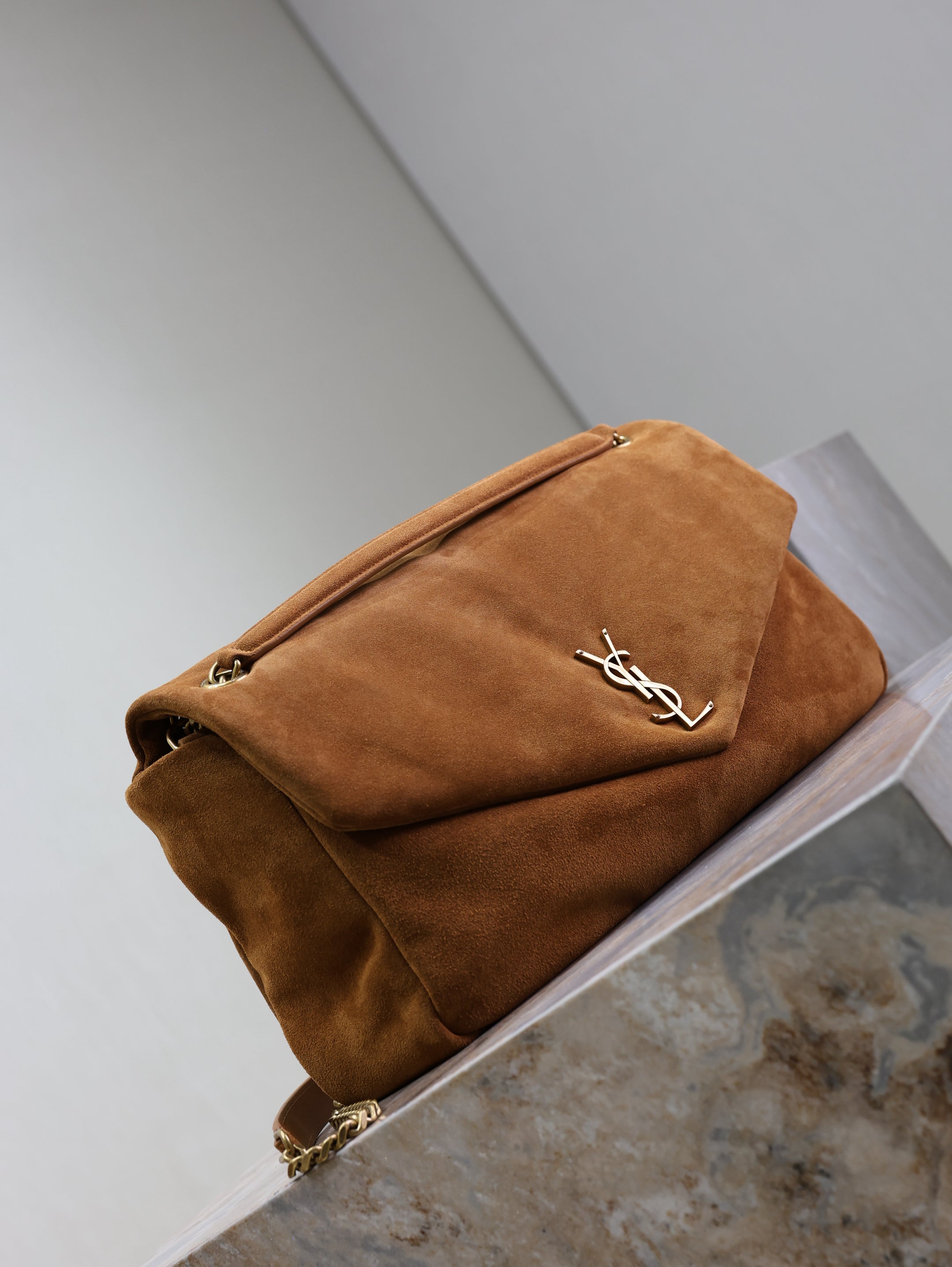 YSL 25S CALYPSO GM 38 IN DARK CARAMEL SUEDE GOLD HARDWRE
