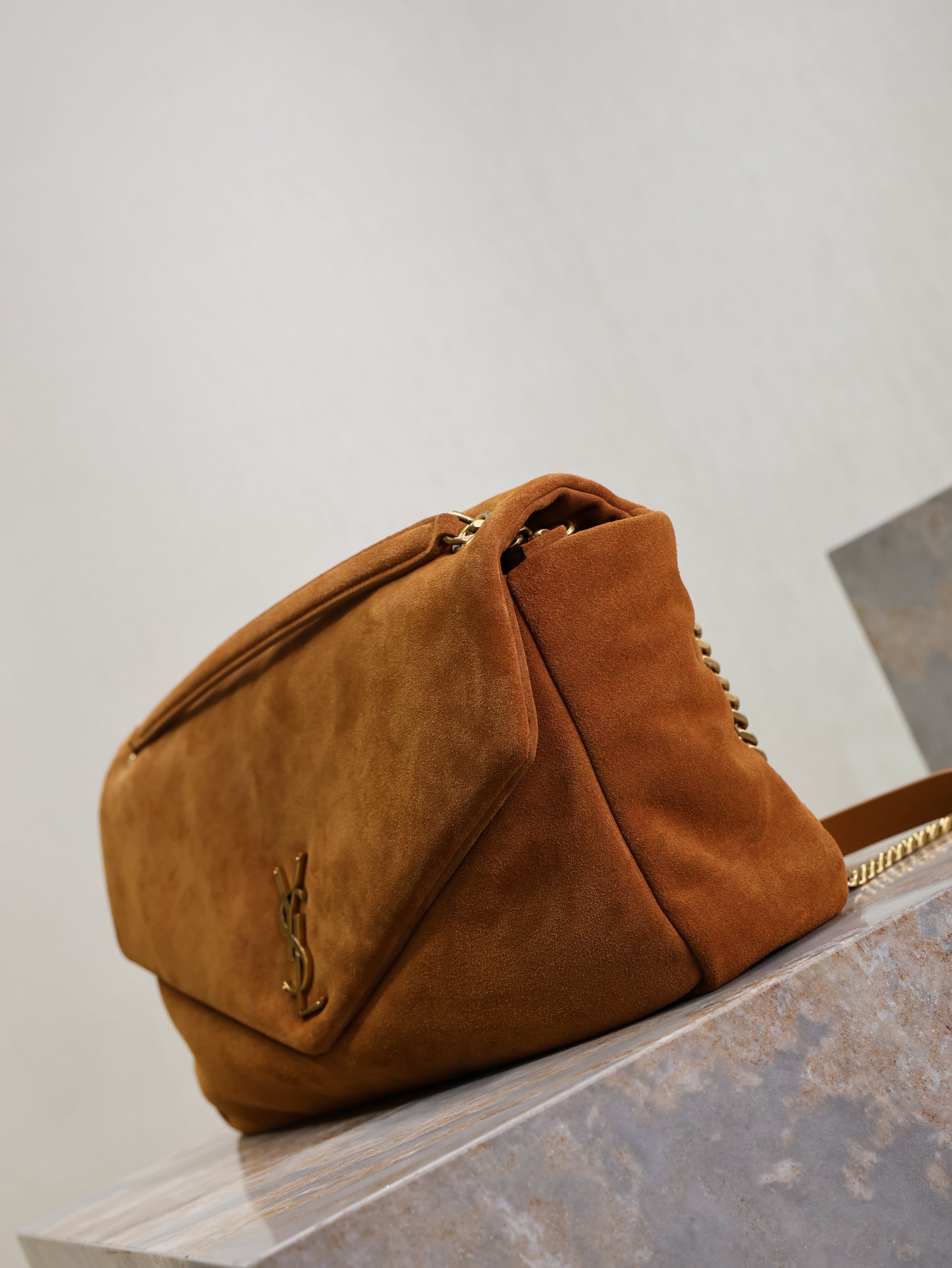 YSL 25S CALYPSO GM 38 IN DARK CARAMEL SUEDE GOLD HARDWRE