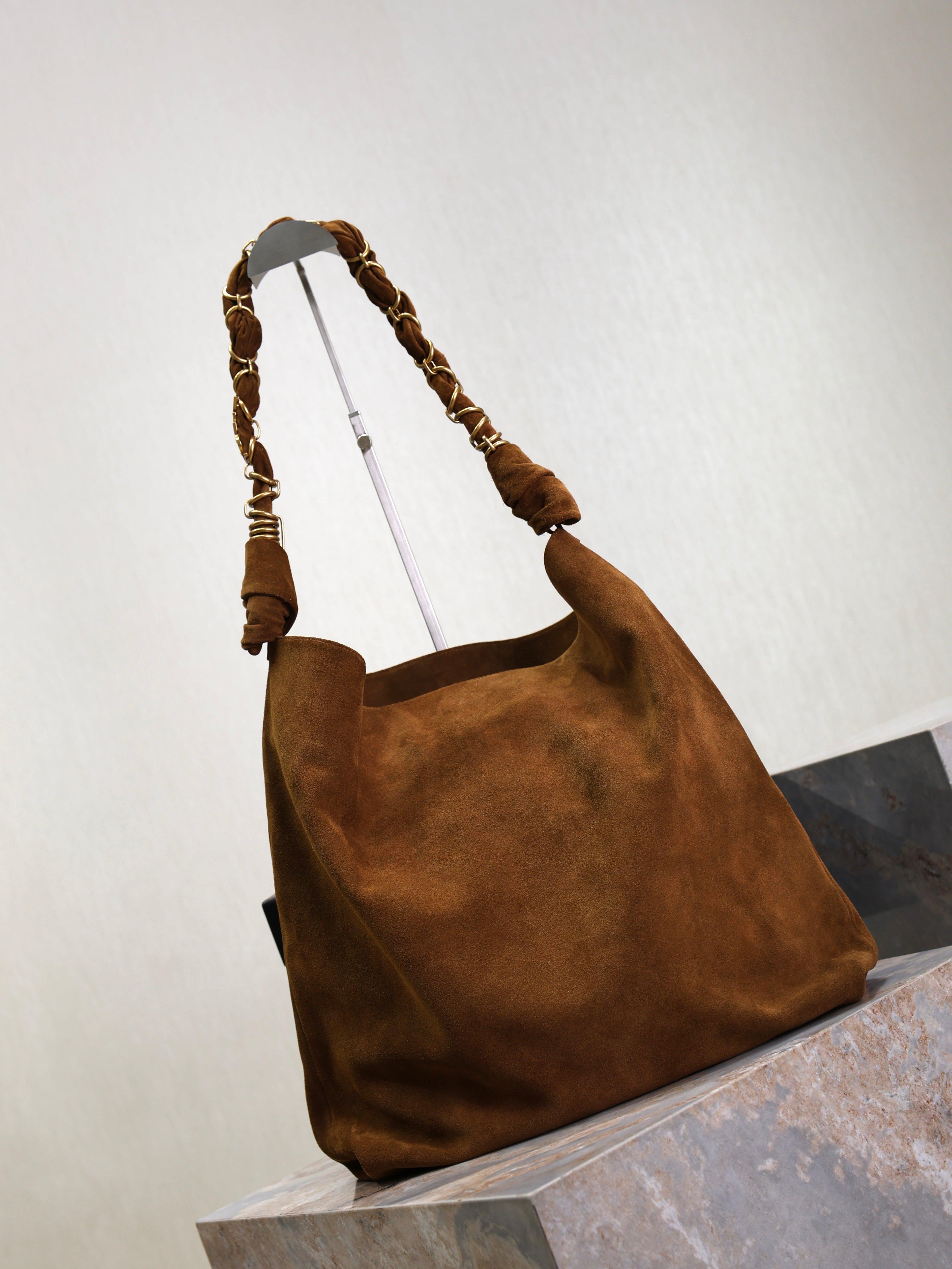 YSL 25S AMALIA 50 IN DARK CARAMEL SUEDE GOLD HARDWRE