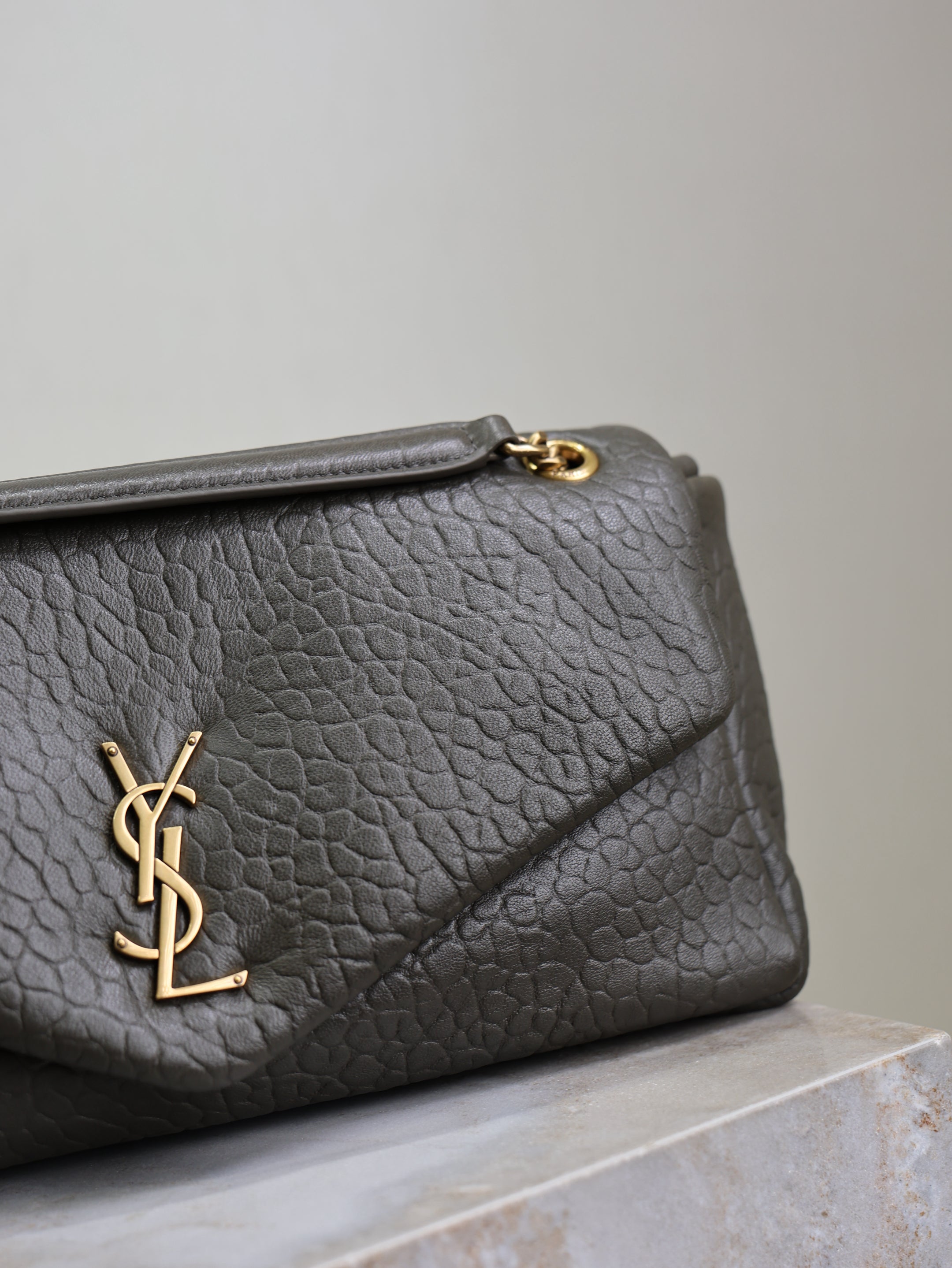 YSL 25S CALYPSO 30 IN DARK OLIVE GRAINED CALFSKIN GOLD HARDWARE