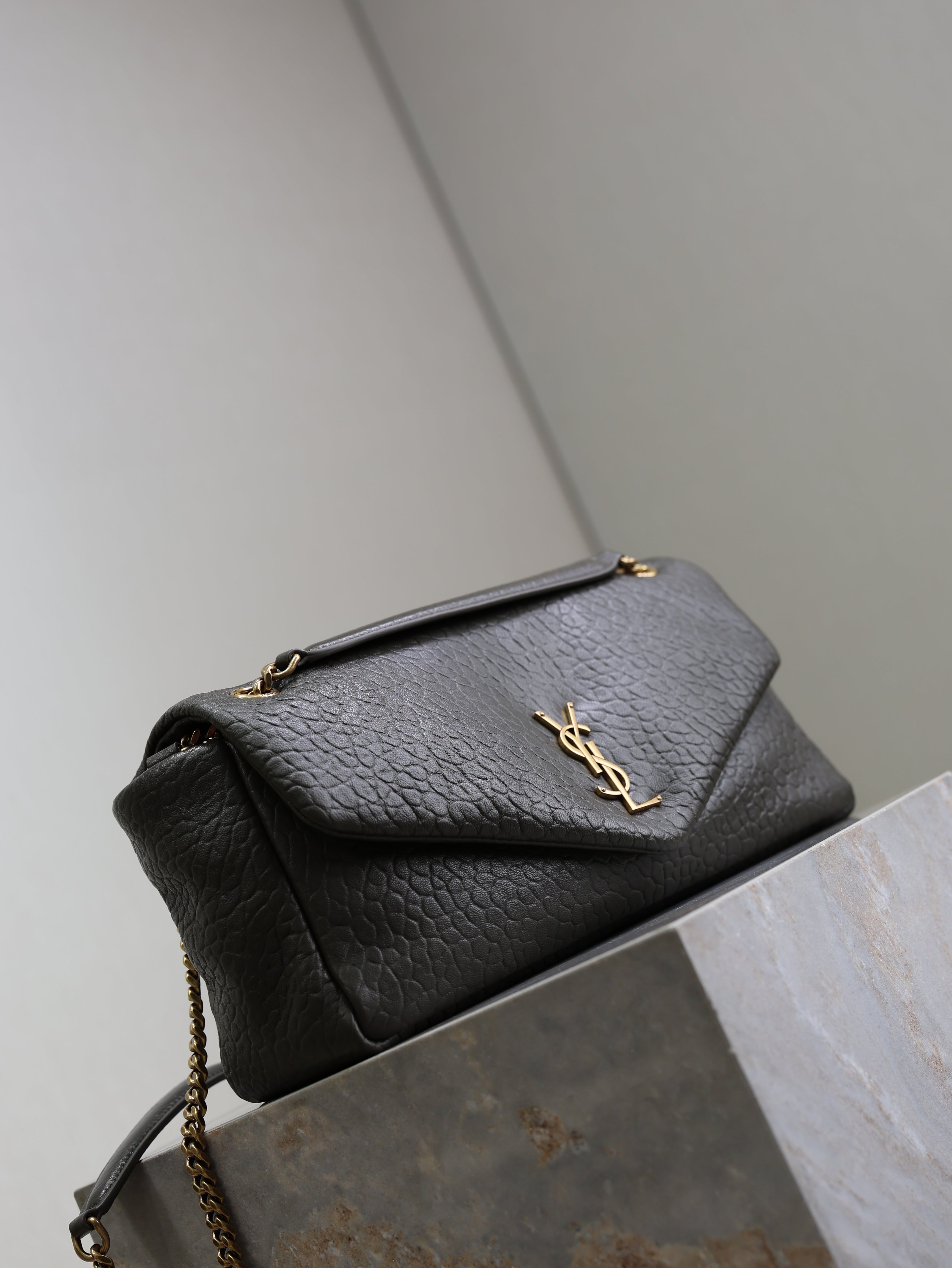YSL 25S CALYPSO 30 IN DARK OLIVE GRAINED CALFSKIN GOLD HARDWRE