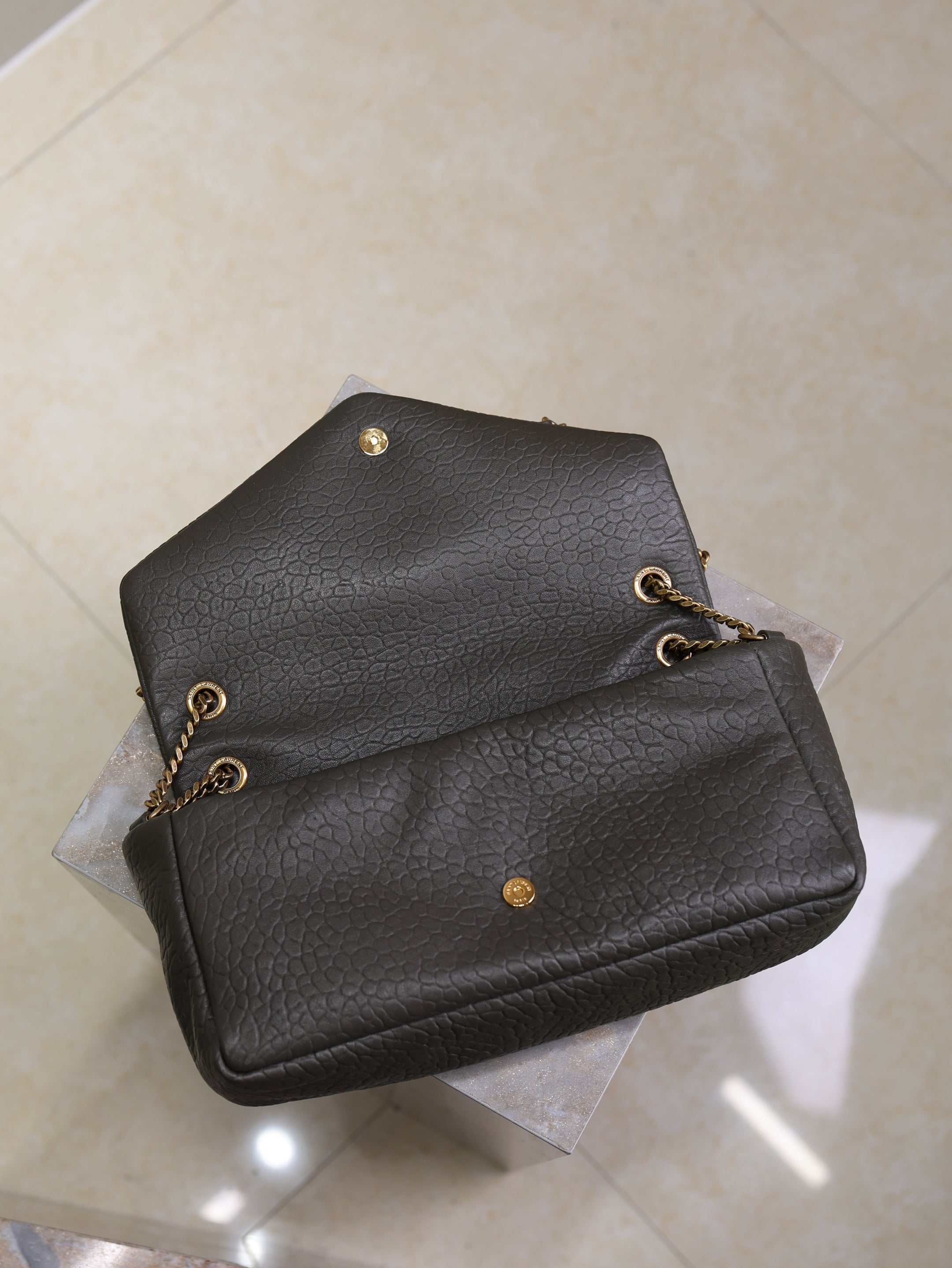 YSL 25S CALYPSO 30 IN DARK OLIVE GRAINED CALFSKIN GOLD HARDWRE