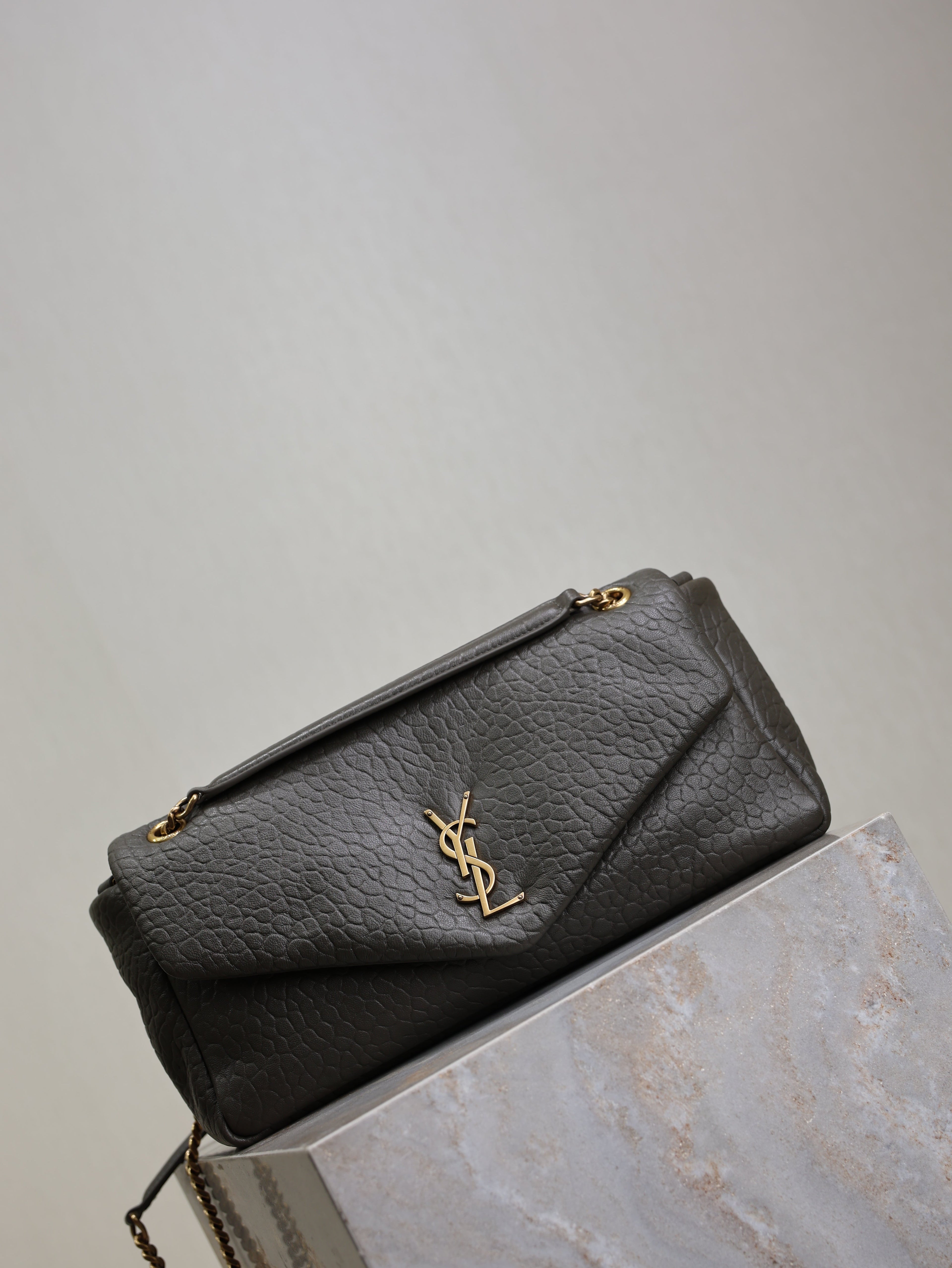 YSL 25S CALYPSO 30 IN DARK OLIVE GRAINED CALFSKIN GOLD HARDWRE