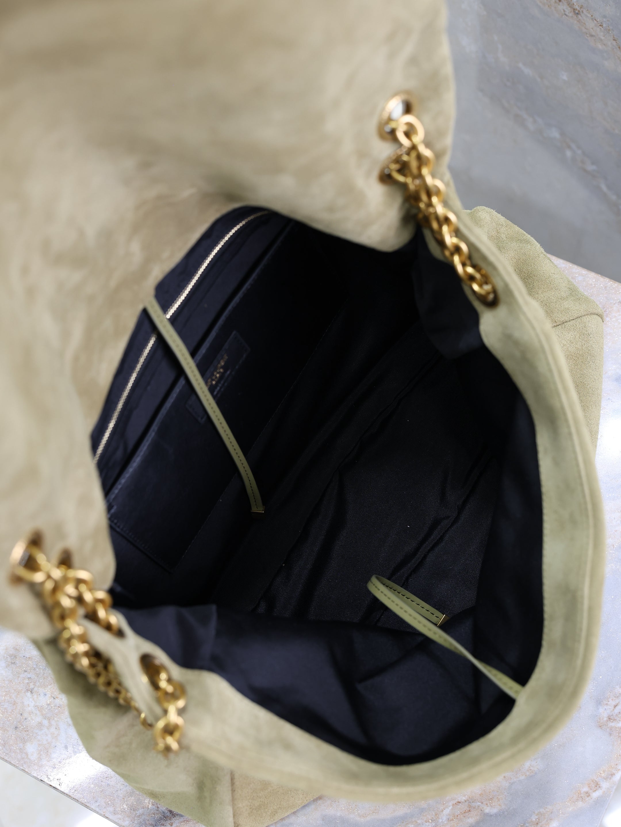 YSL 25S LARGE JAMIE 43 IN MUTED KHAKI SUEDE GOLD HARDWARE
