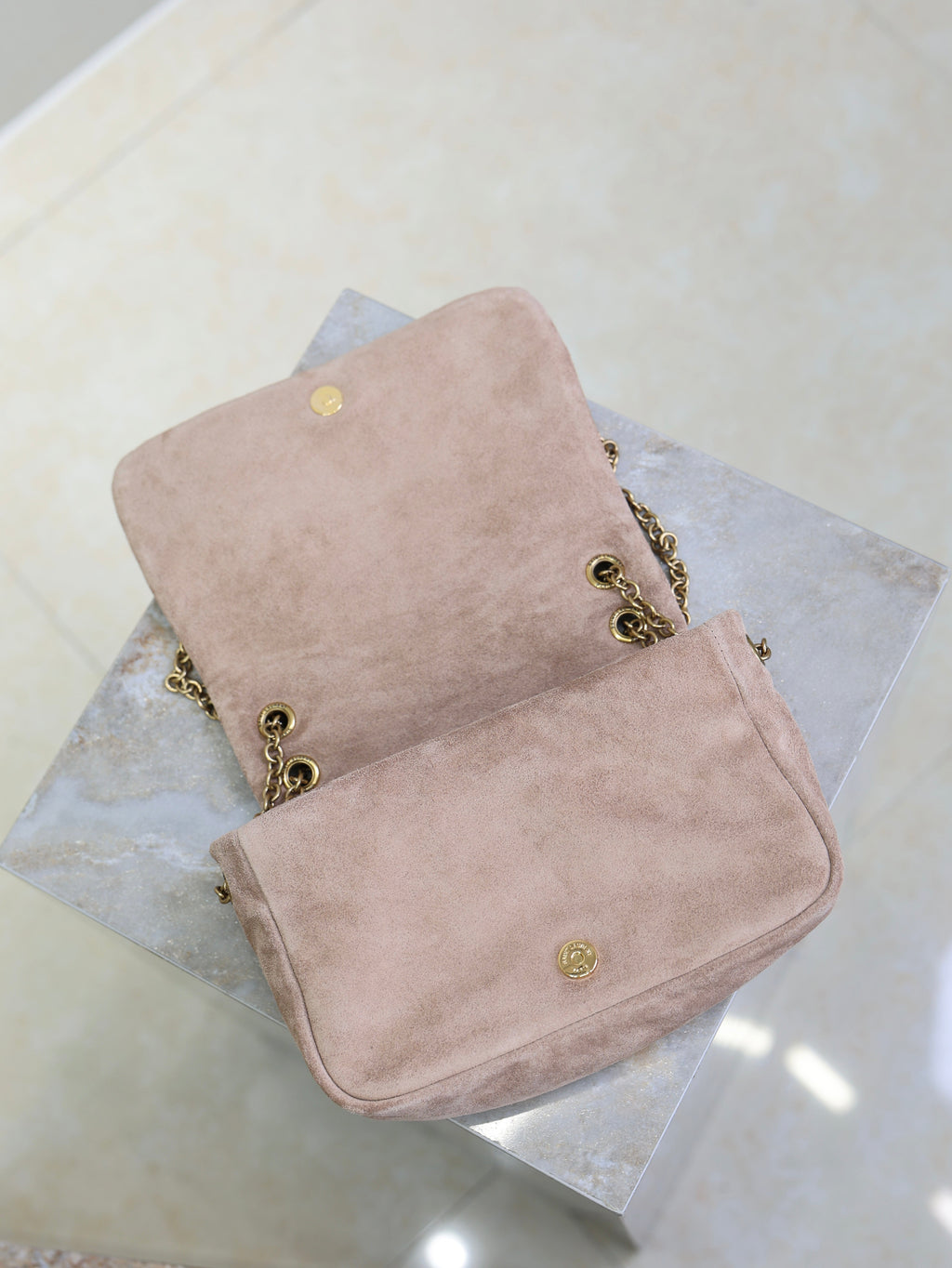 YSL 25S JAMIE 4.3 MINI 20 IN DUSTY ROSE BEIGE SUEDE GOLD HARDWARE