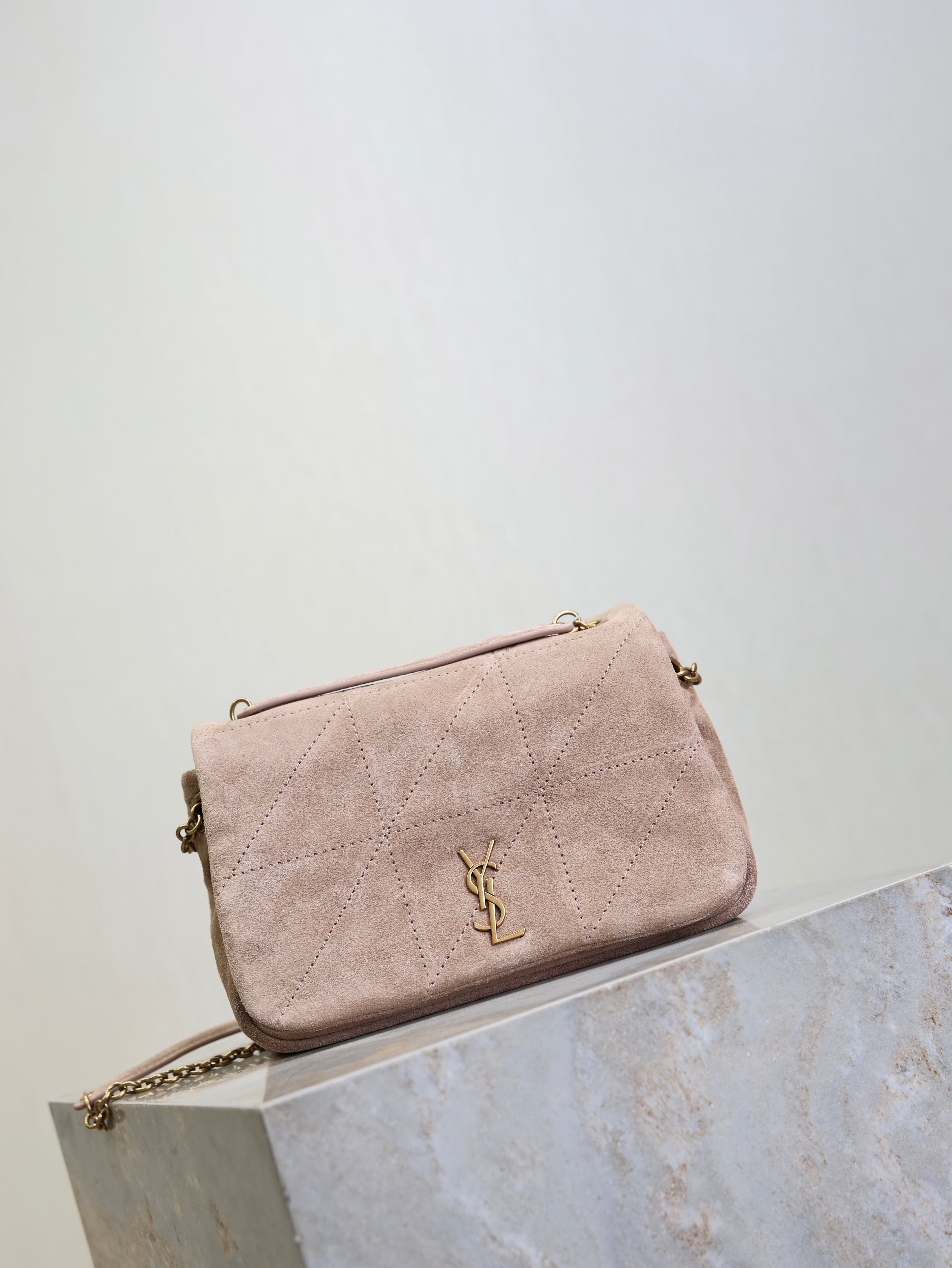 YSL 25S JAMIE 4.3 MINI 20 IN DUSTY ROSE BEIGE SUEDE GOLD HARDWARE