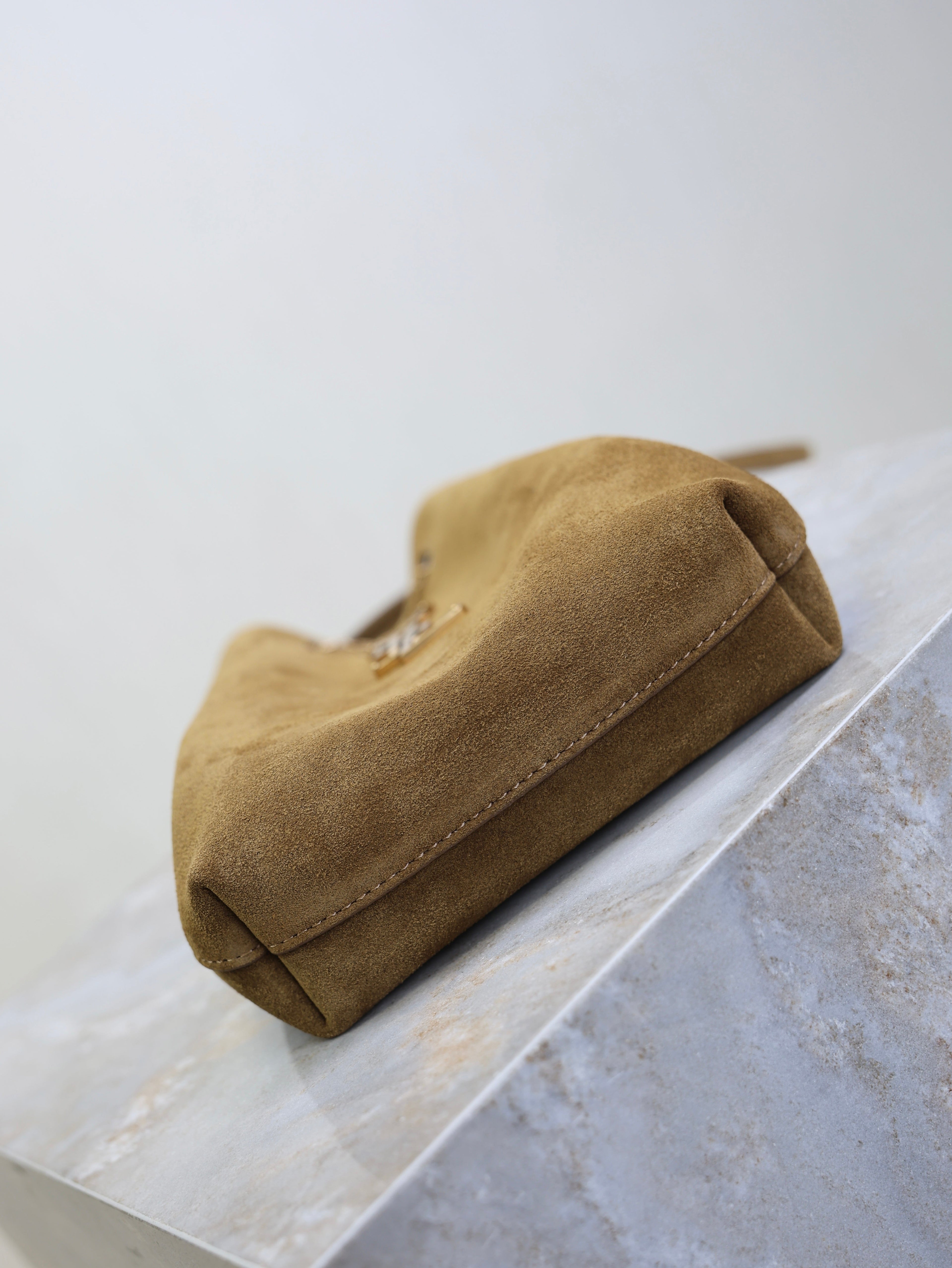 YSL 25S POCHON BAG 24 IN CARAMEL COGNAC SUEDE GOLD HARDWRE