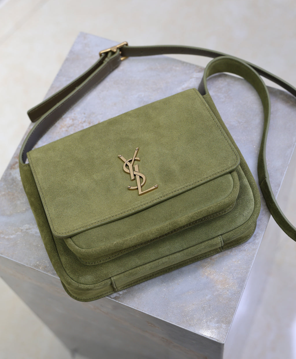 YSL 25S NIKI SATCHEL 22 IN BARLEY GREEN SUEDE GOLD HARDWARE