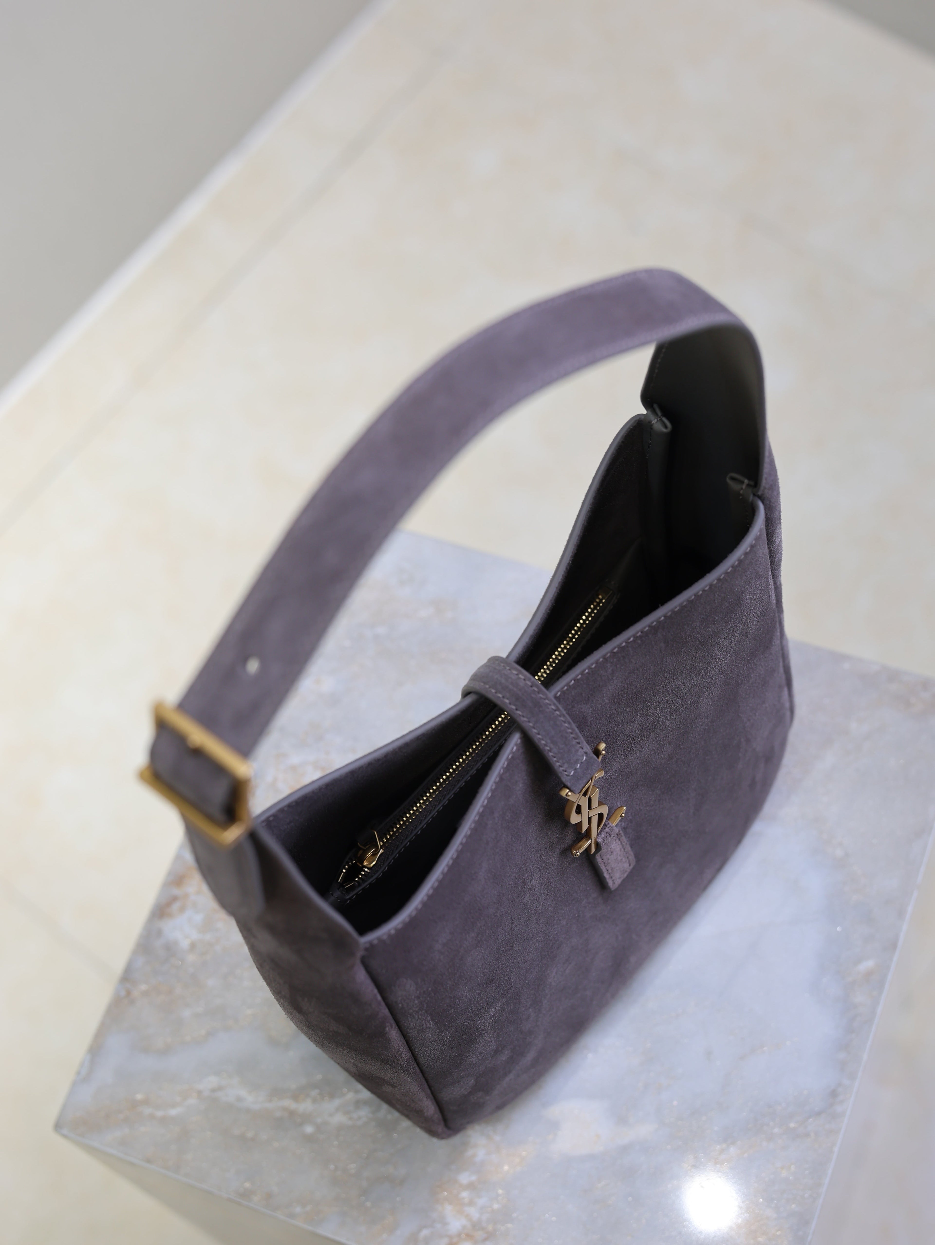 YSL 25S LE 5 À 7 SUPPLE SMALL 23 IN DARK GRAY SUEDE GOLD HARDWARE