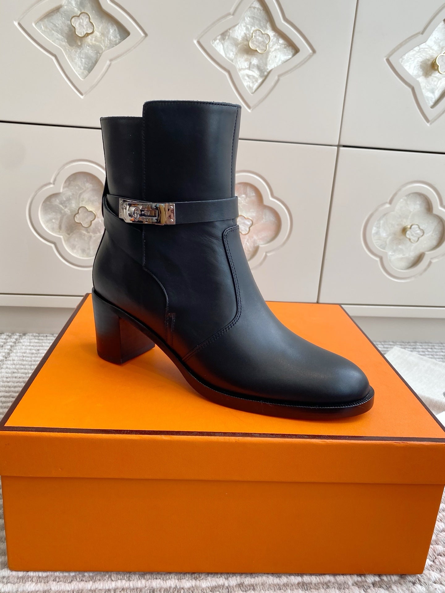HERMES 25S FRENCHIE 50 ANKLE BOOT 50 MM IN BLACK LAMBSKIN WITH SILVER HARDWARE