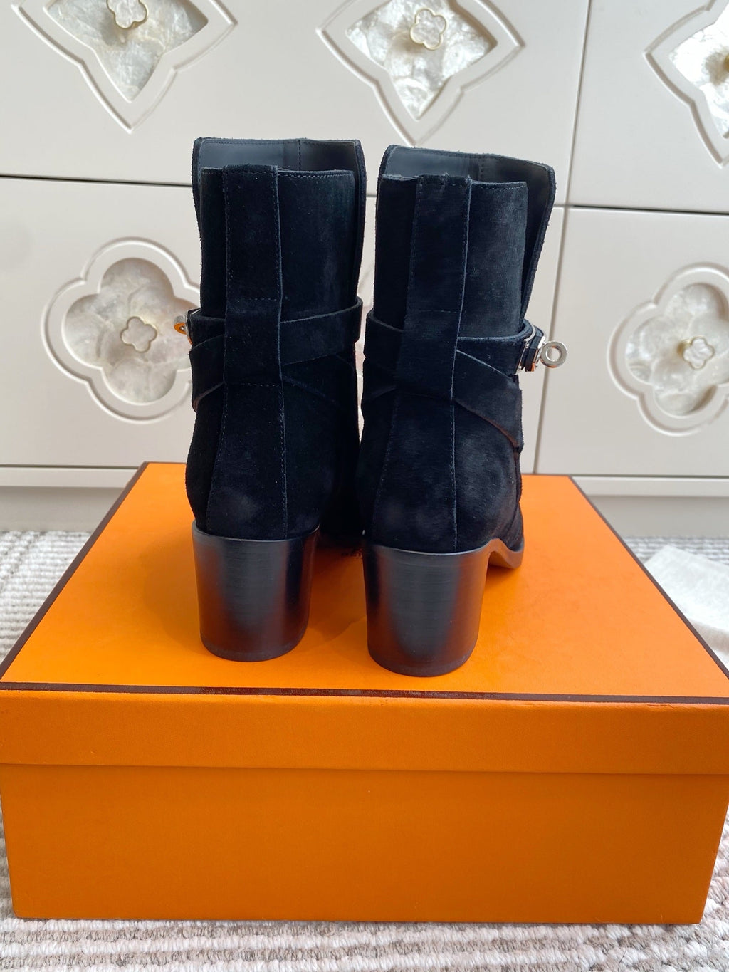 HERMES 25S FRENCHIE 50 ANKLE BOOT 50 MM IN BLACK SUEDE WITH SILVER HARDWARE