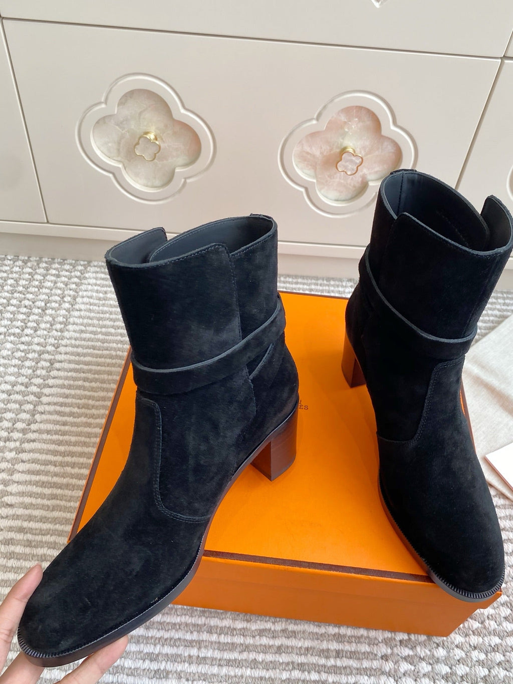 HERMES 25S FRENCHIE 50 ANKLE BOOT 50 MM IN BLACK SUEDE WITH SILVER HARDWARE