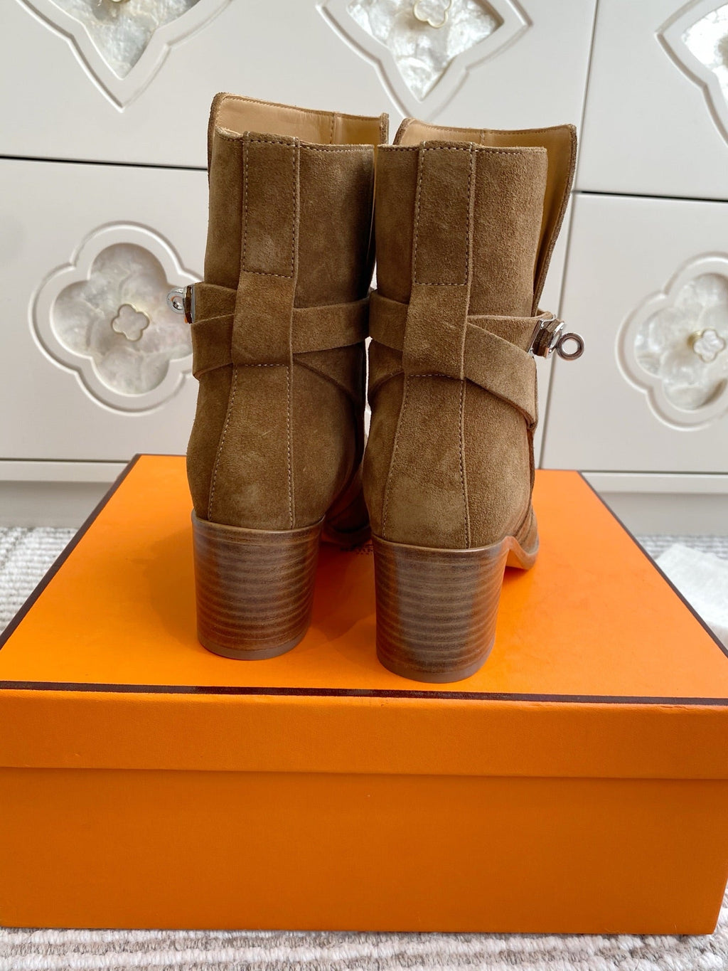 HERMES 25S FRENCHIE 50 ANKLE BOOT 50 MM IN BROWN SUEDE WITH SILVER HARDWARE