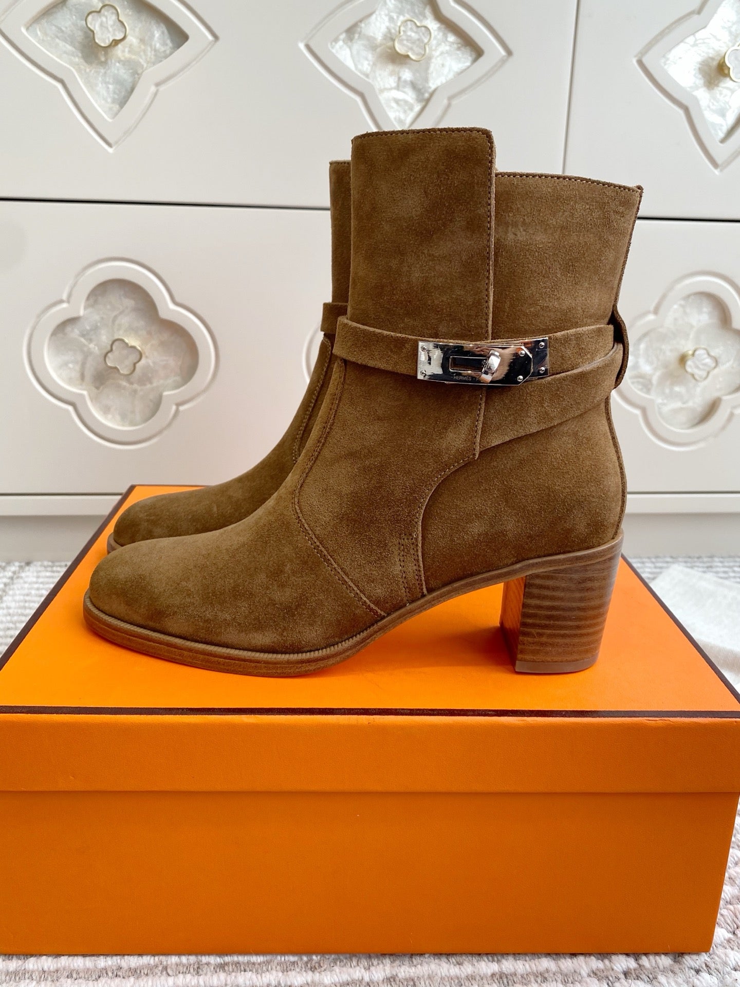 HERMES 25S FRENCHIE 50 ANKLE BOOT 50 MM IN BROWN SUEDE WITH SILVER HARDWARE