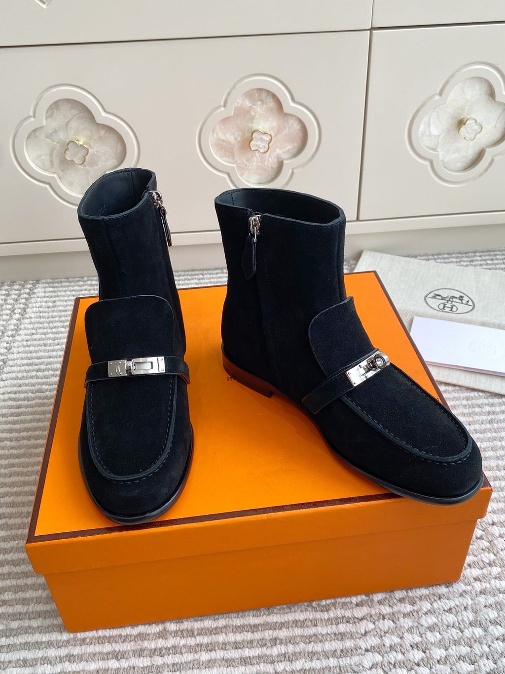 HERMES 25S KELSY ANKLE BOOT IN BLACK SUEDE WITH SILVER HARDWARE