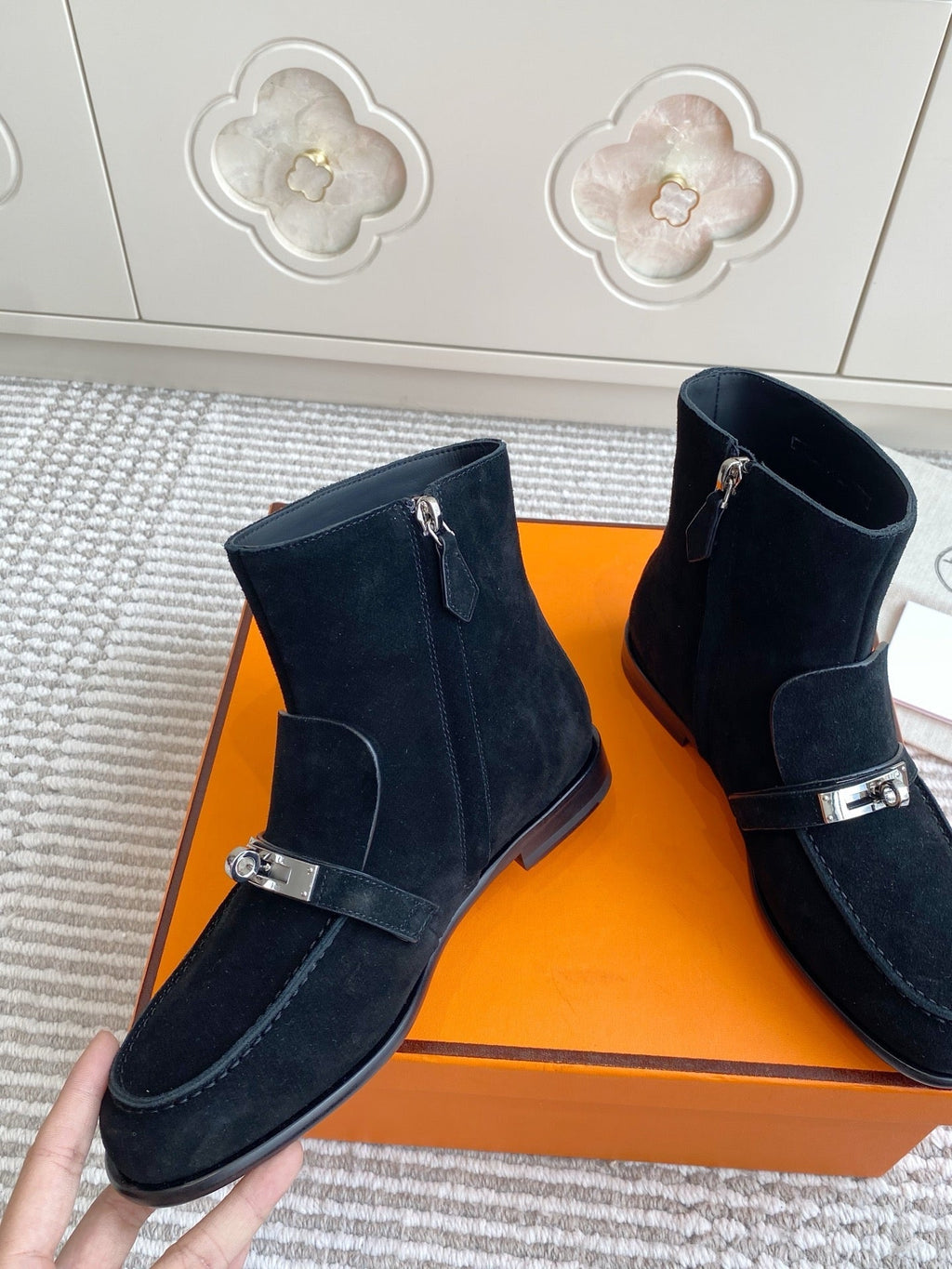 HERMES 25S KELSY ANKLE BOOT IN BLACK SUEDE WITH SILVER HARDWARE