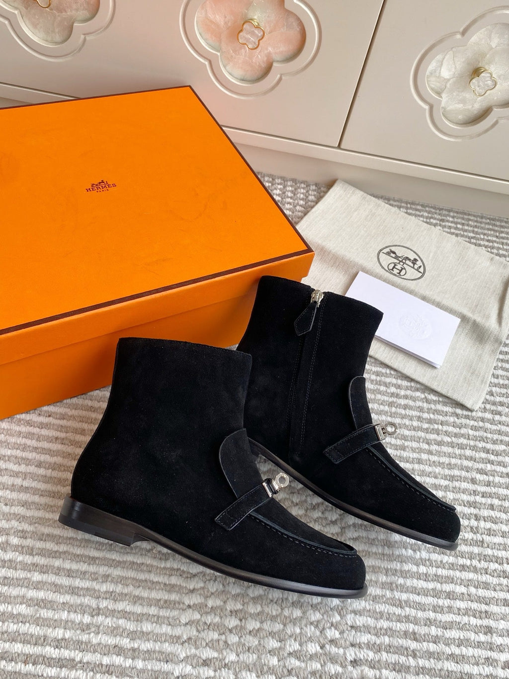 HERMES 25S KELSY ANKLE BOOT IN BLACK SUEDE WITH SILVER HARDWARE
