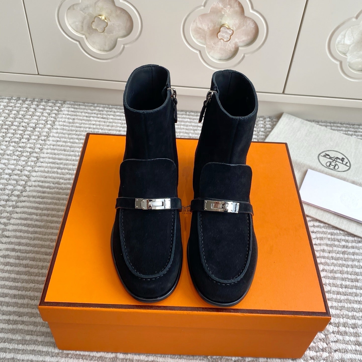 HERMES 25S KELSY ANKLE BOOT IN BLACK SUEDE WITH SILVER HARDWARE