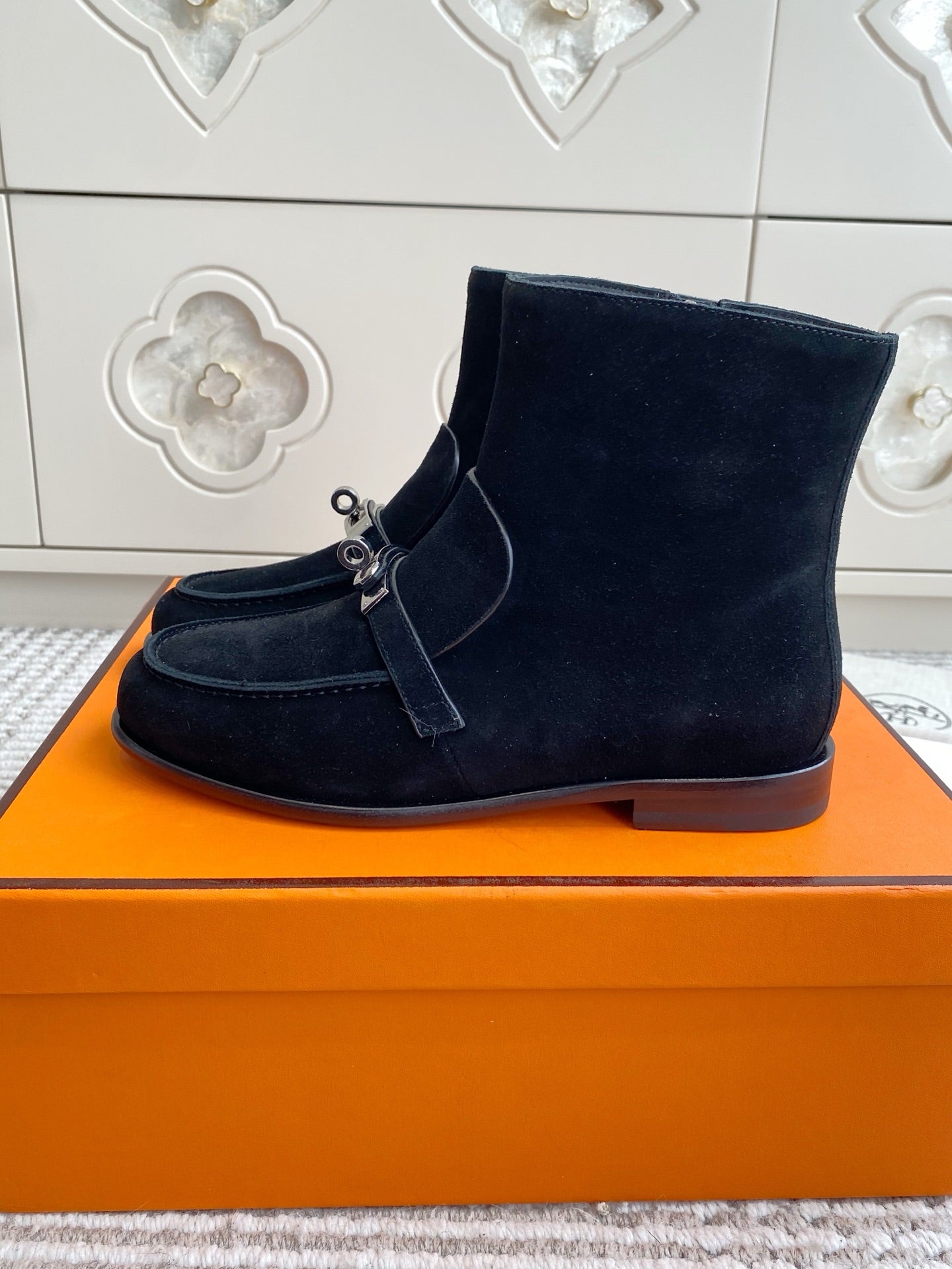 HERMES 25S KELSY ANKLE BOOT IN BLACK SUEDE WITH SILVER HARDWARE