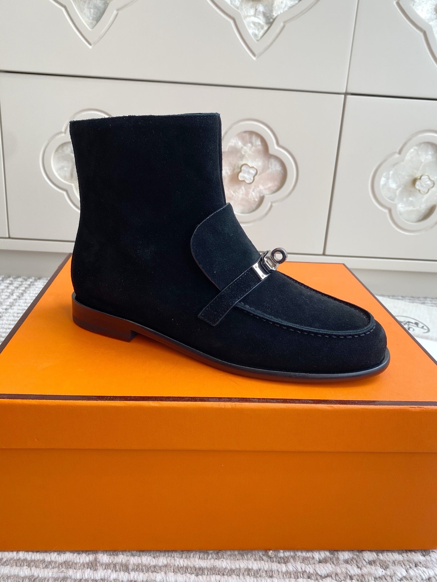 HERMES 25S KELSY ANKLE BOOT IN BLACK SUEDE WITH SILVER HARDWARE