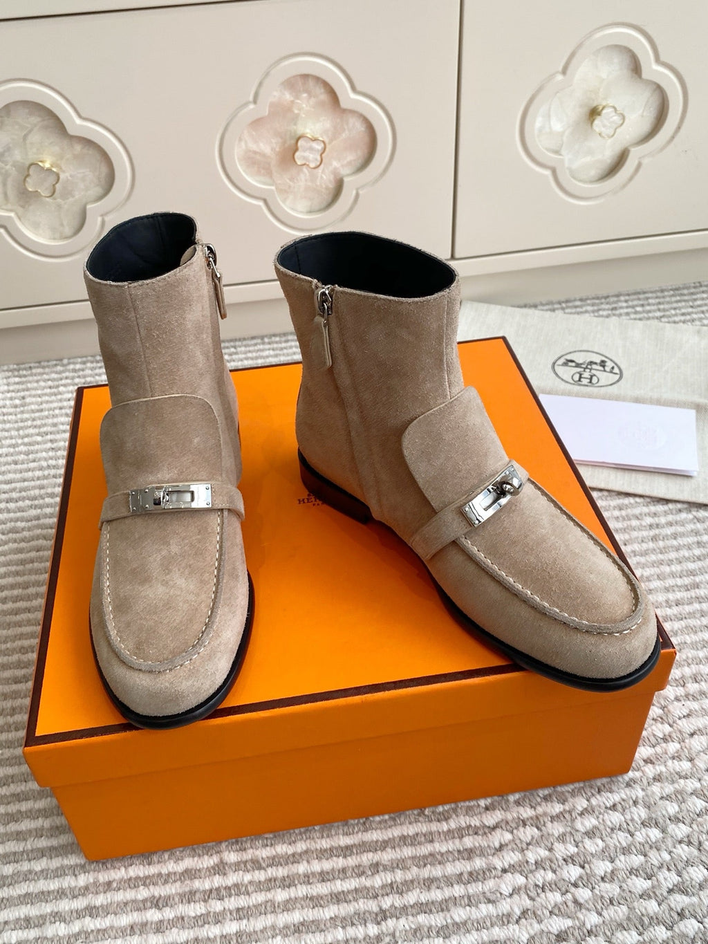 HERMES 25S KELSY ANKLE BOOT IN EARTHY BROWN-GRAY SUEDE WITH SILVER HARDWARE