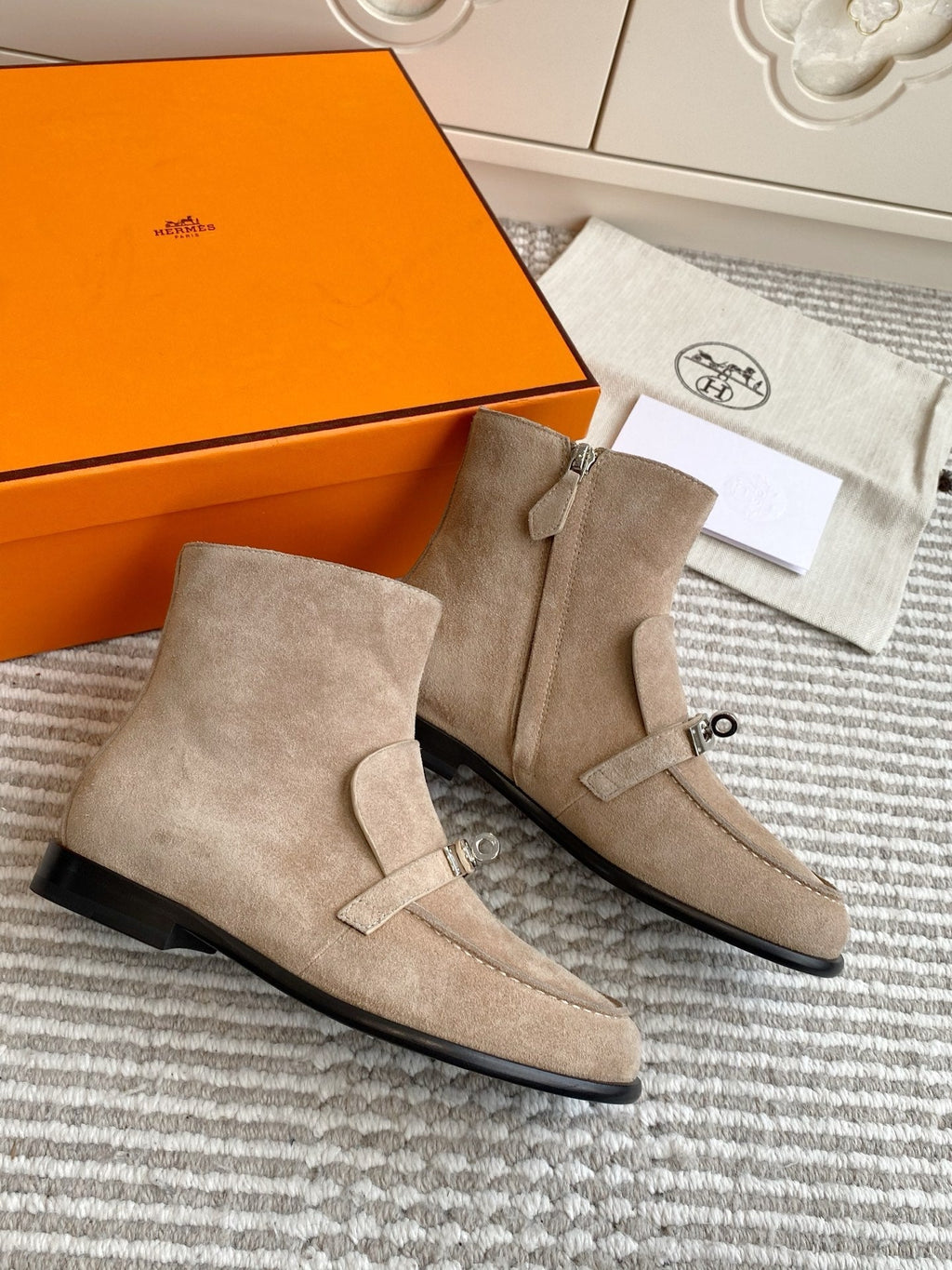HERMES 25S KELSY ANKLE BOOT IN EARTHY BROWN-GRAY SUEDE WITH SILVER HARDWARE