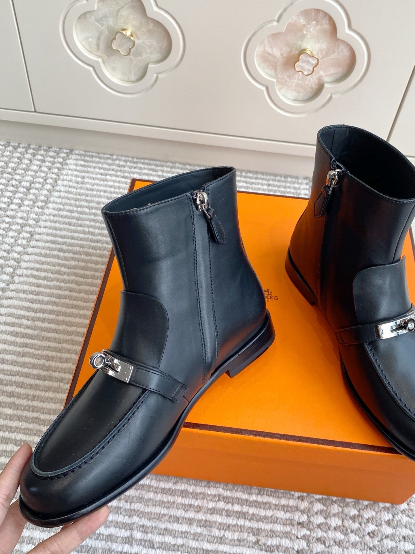HERMES 25S KELSY ANKLE BOOT IN BLACK LAMBSKIN WITH SILVER HARDWARE