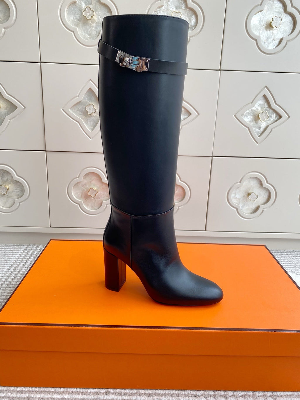 HERMES 25S TALL BOOTS 90 MM IN BLACK LAMBSKIN WITH SILVER HARDWARE