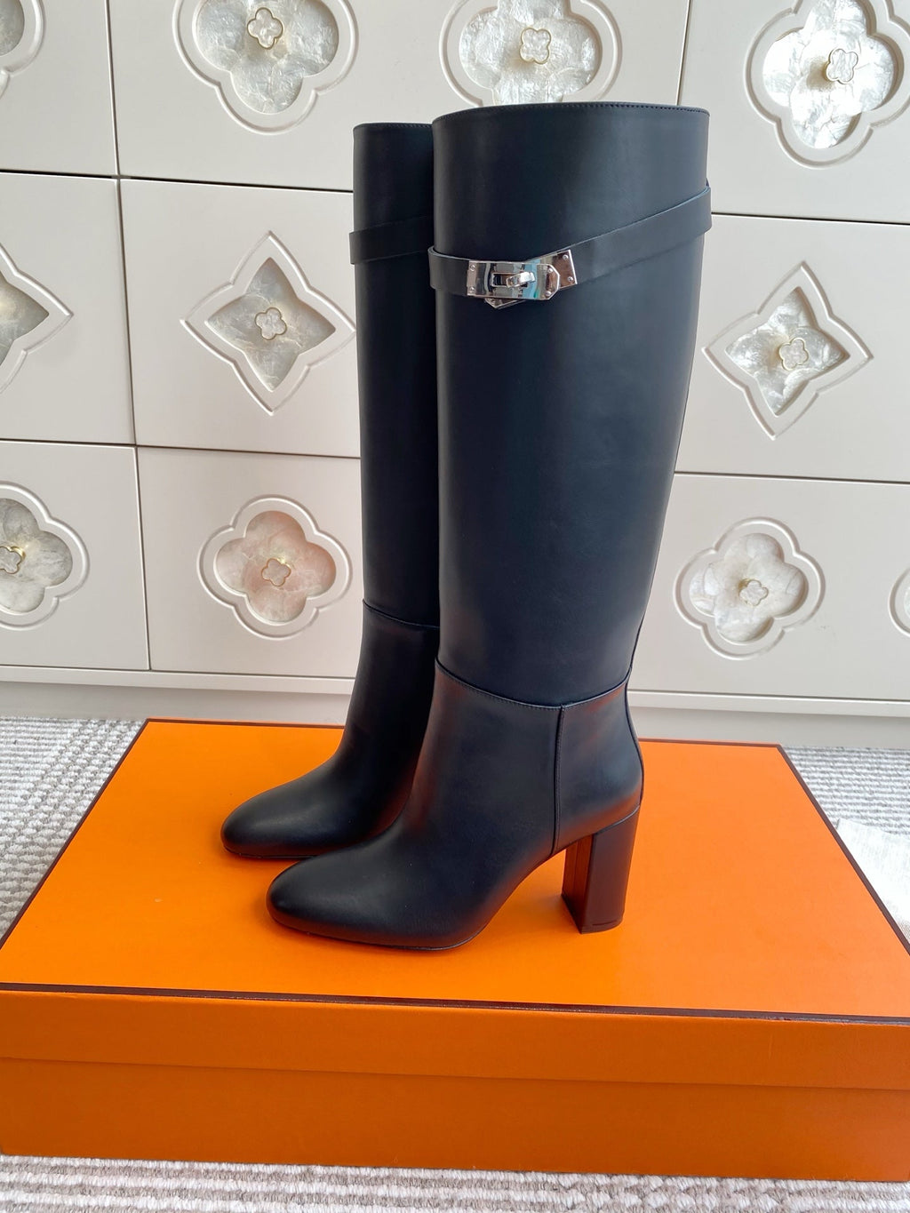 HERMES 25S TALL BOOTS 90 MM IN BLACK LAMBSKIN WITH SILVER HARDWARE