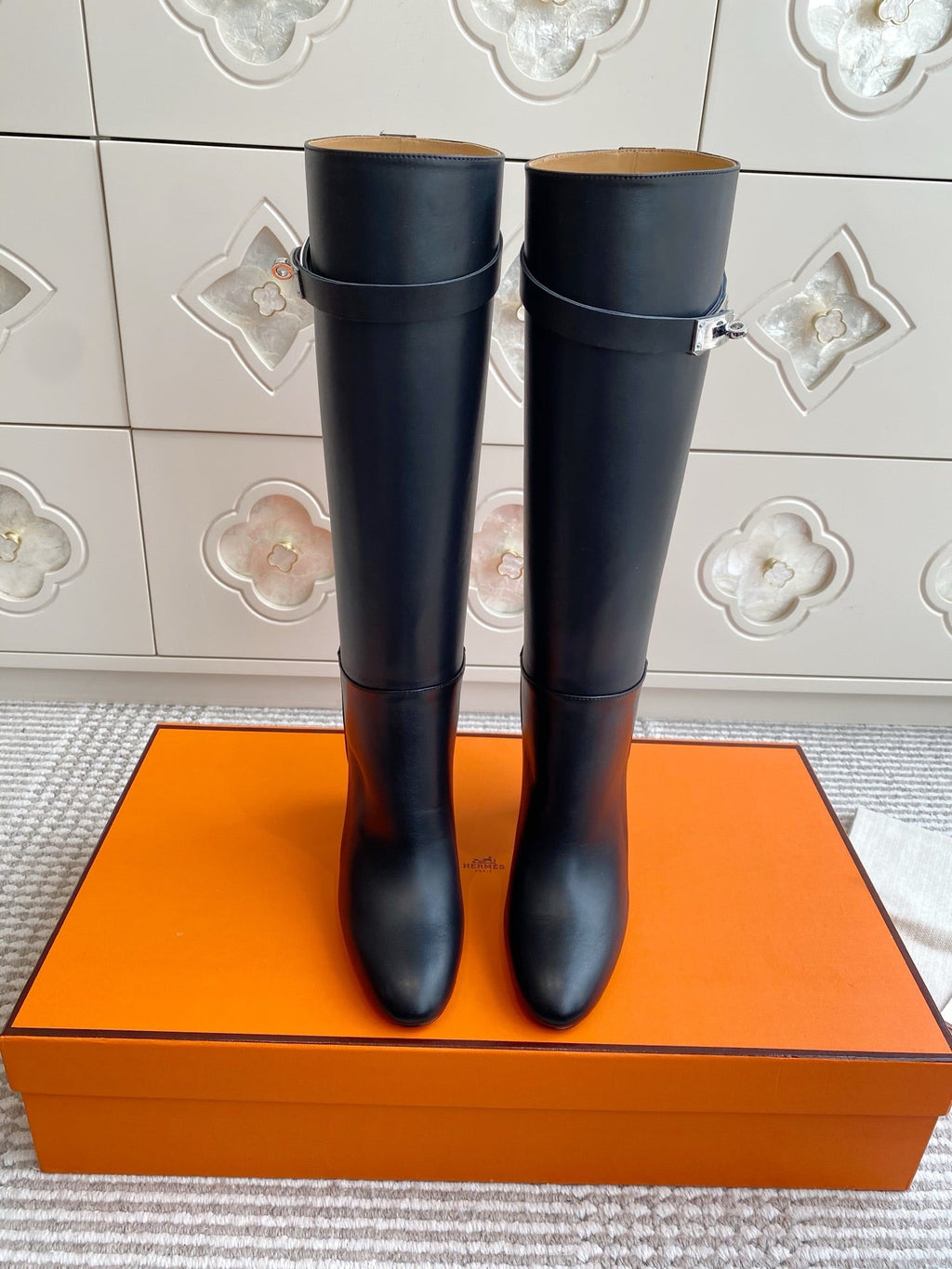 HERMES 25S TALL BOOTS 90 MM IN BLACK LAMBSKIN WITH SILVER HARDWARE