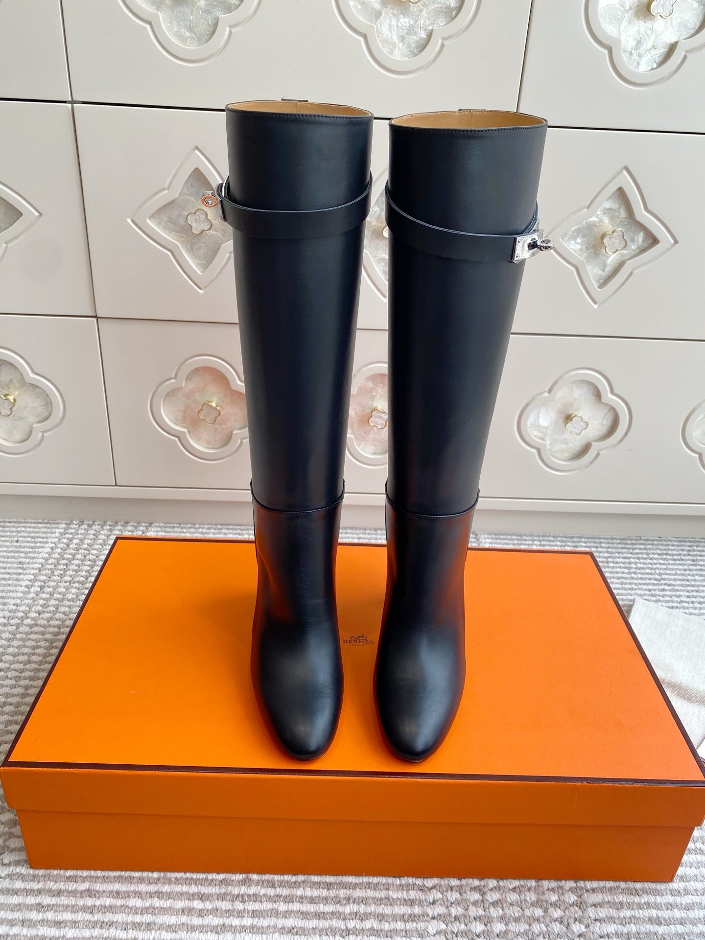 HERMES 25S TALL BOOTS 90 MM IN BLACK LAMBSKIN WITH SILVER HARDWARE