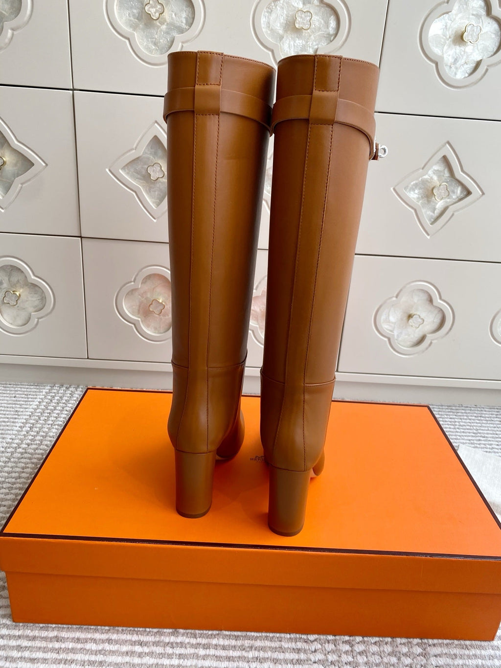 HERMES 25S TALL BOOTS 90 MM IN BROWN LAMBSKIN WITH SILVER HARDWARE