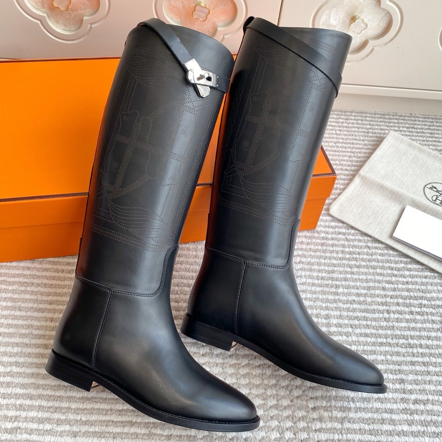 HERMES 25S JUMPING BOOTS IN BLACK LAMBSKIN WITH SILVER HARDWARE