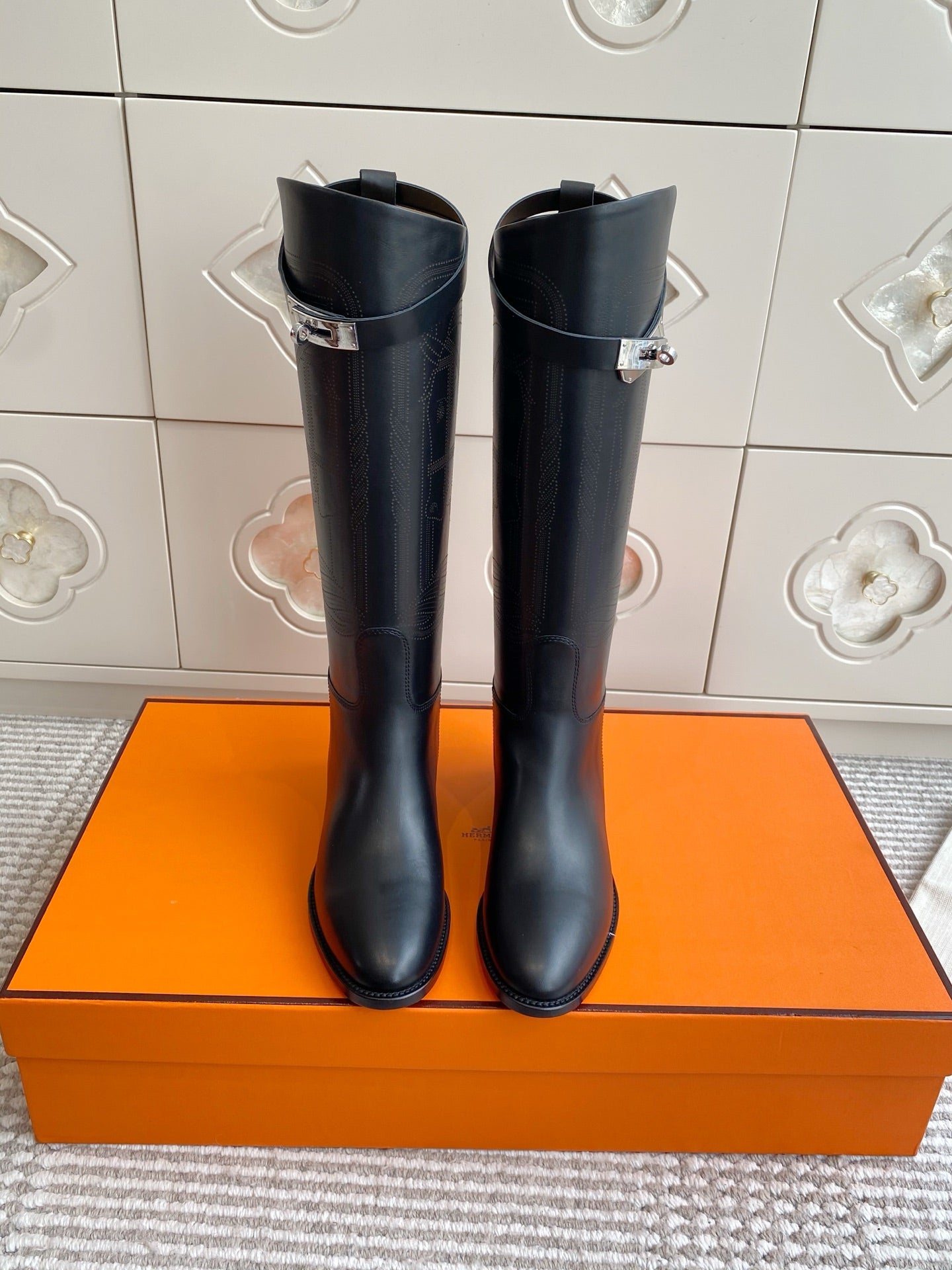 HERMES 25S JUMPING BOOTS IN BLACK LAMBSKIN WITH SILVER HARDWARE