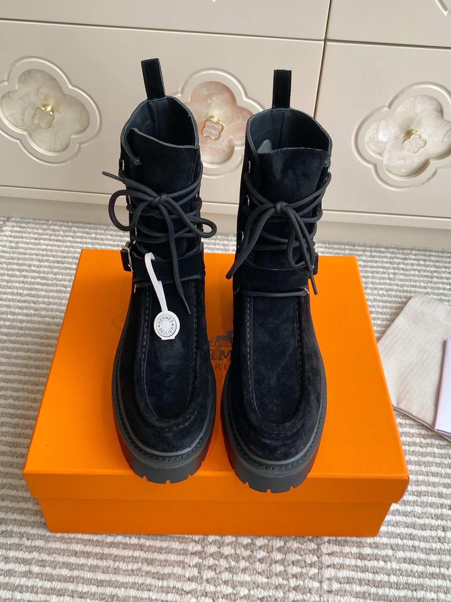 HERMES 25S ANKLE BOOTS IN BLACK SUEDE