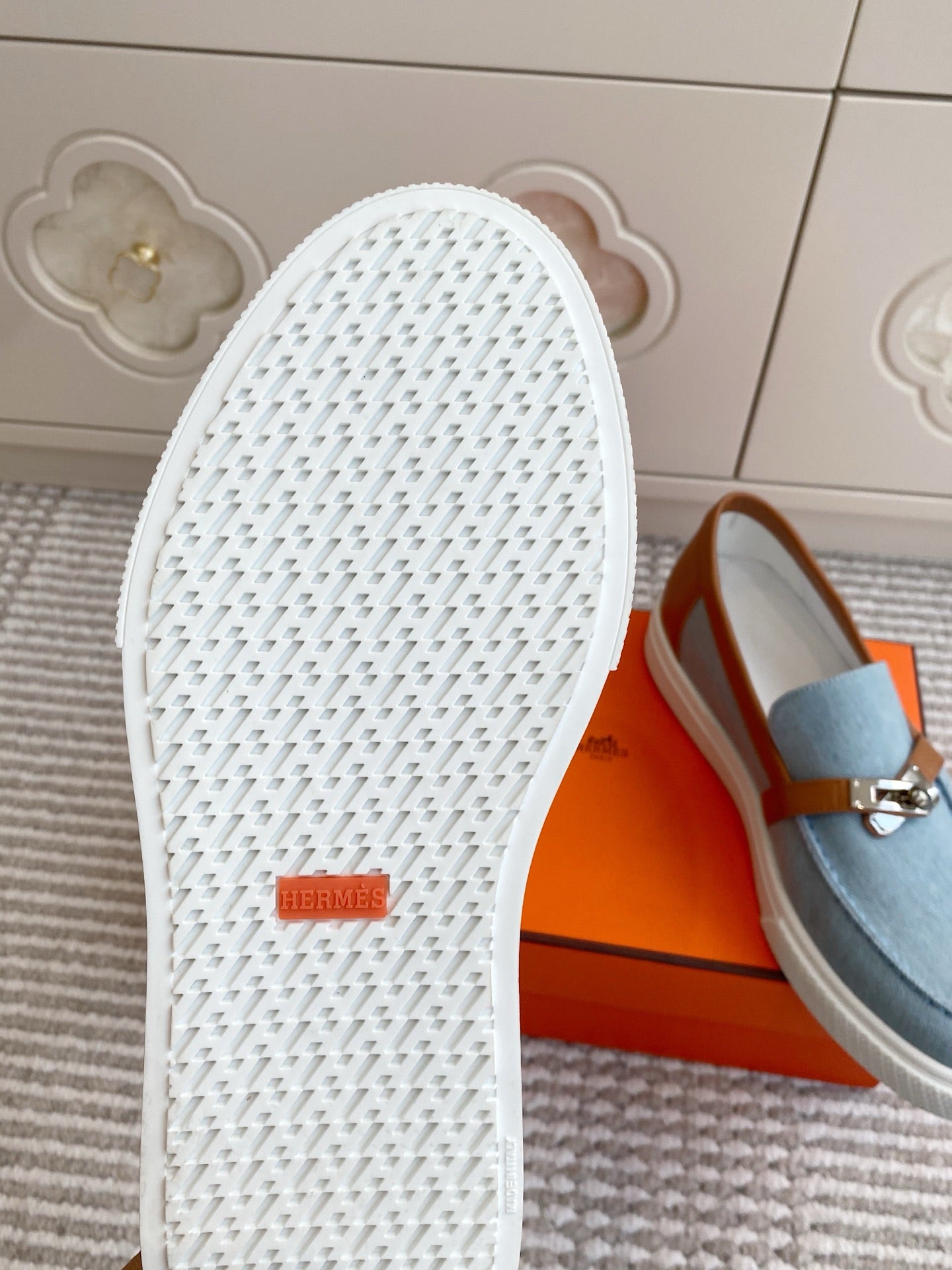 HERMES 25S SLIP-ON IN SKY BLUE CANVAS AND BROWN LAMBSKIN WITH SILVER HARDWARE