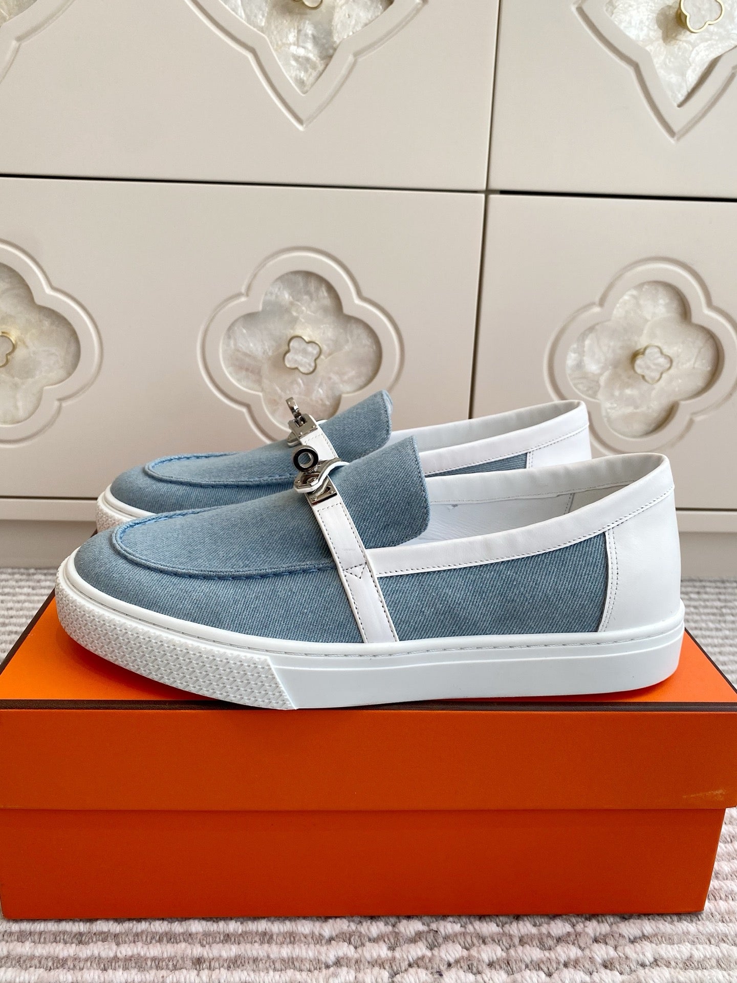HERMES 25S SLIP-ON IN SKY BLUE CANVAS WITH SILVER HARDWARE