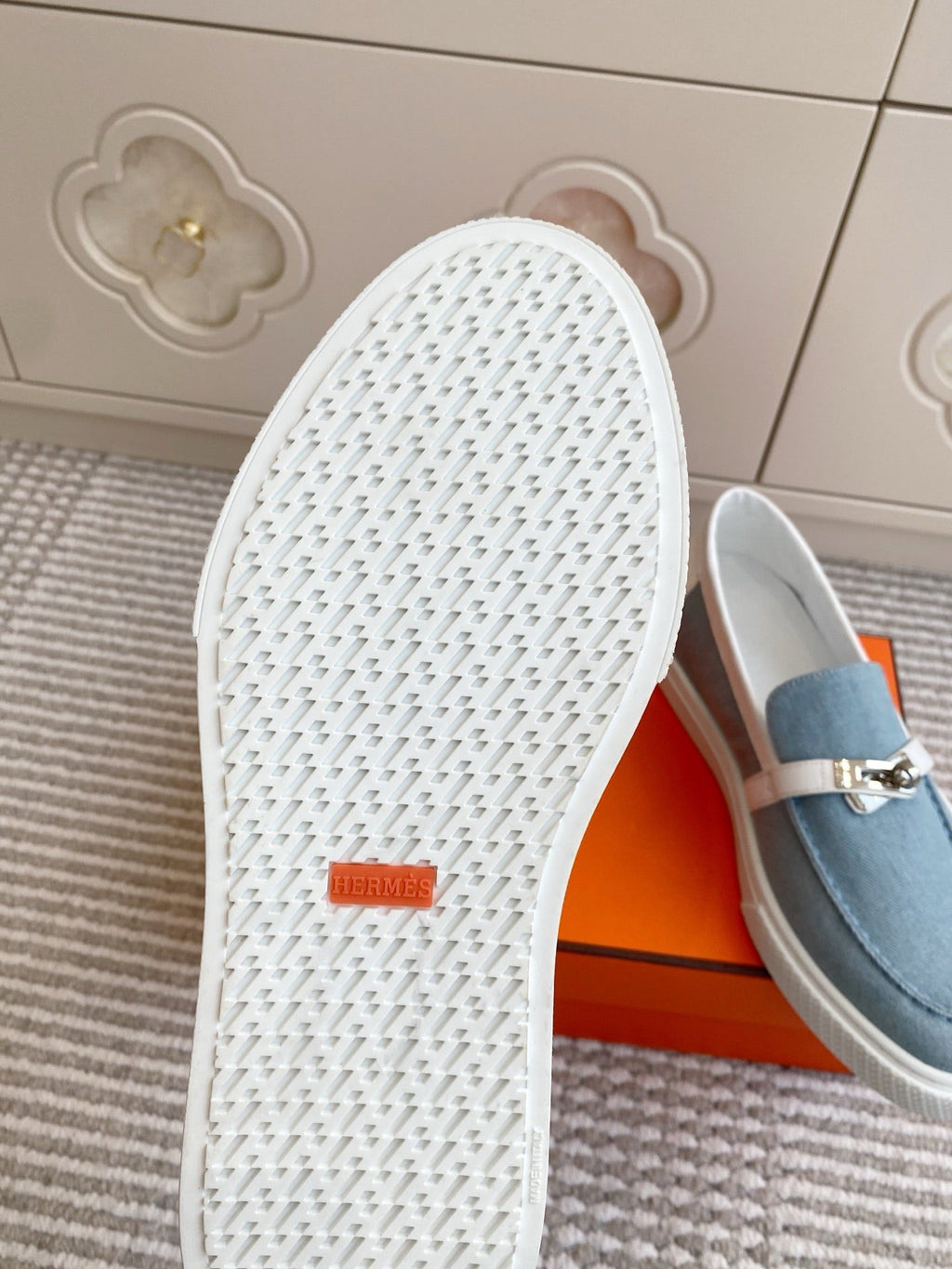 HERMES 25S SLIP-ON IN SKY BLUE CANVAS WITH SILVER HARDWARE