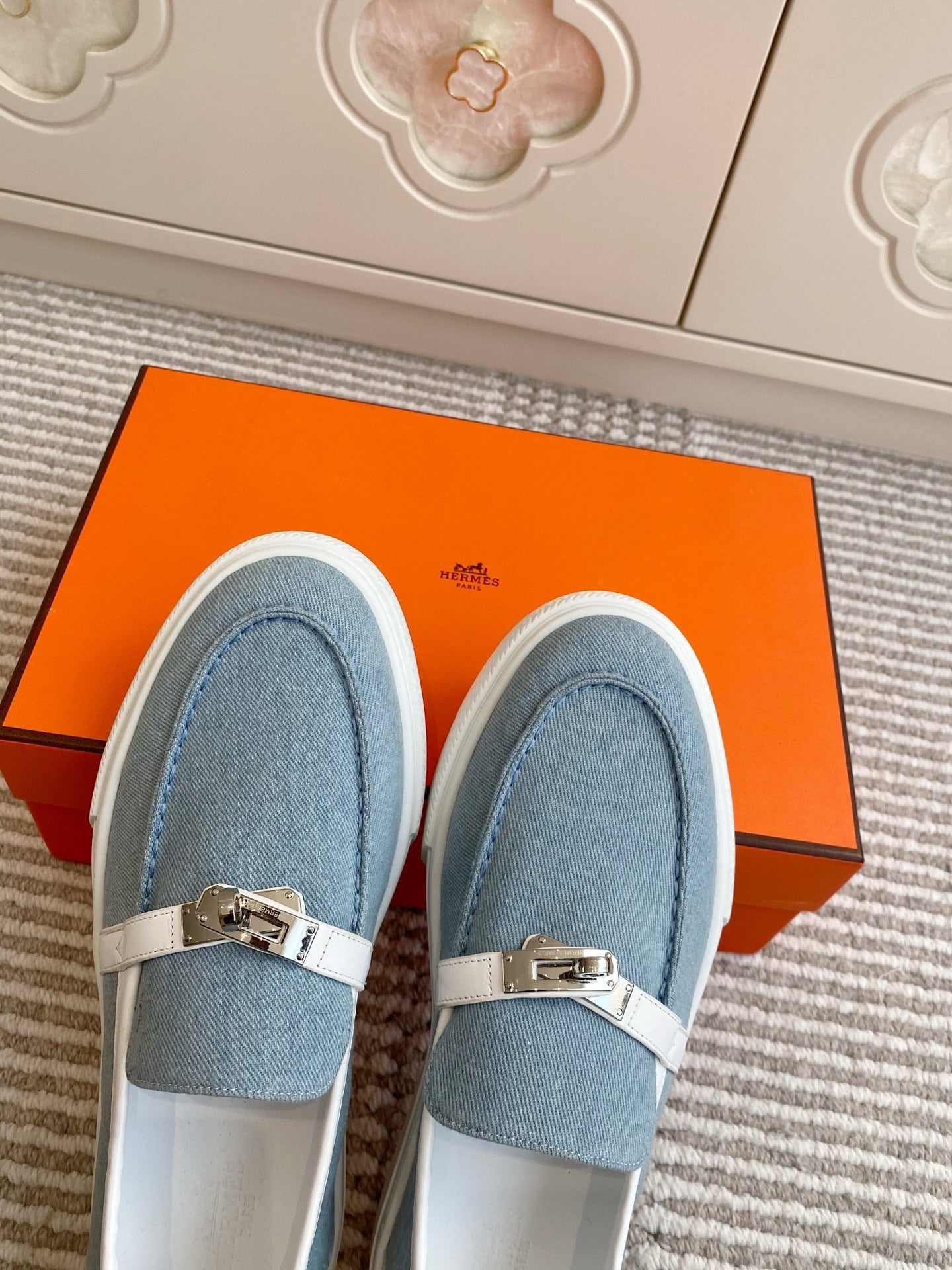 HERMES 25S SLIP-ON IN SKY BLUE CANVAS WITH SILVER HARDWARE