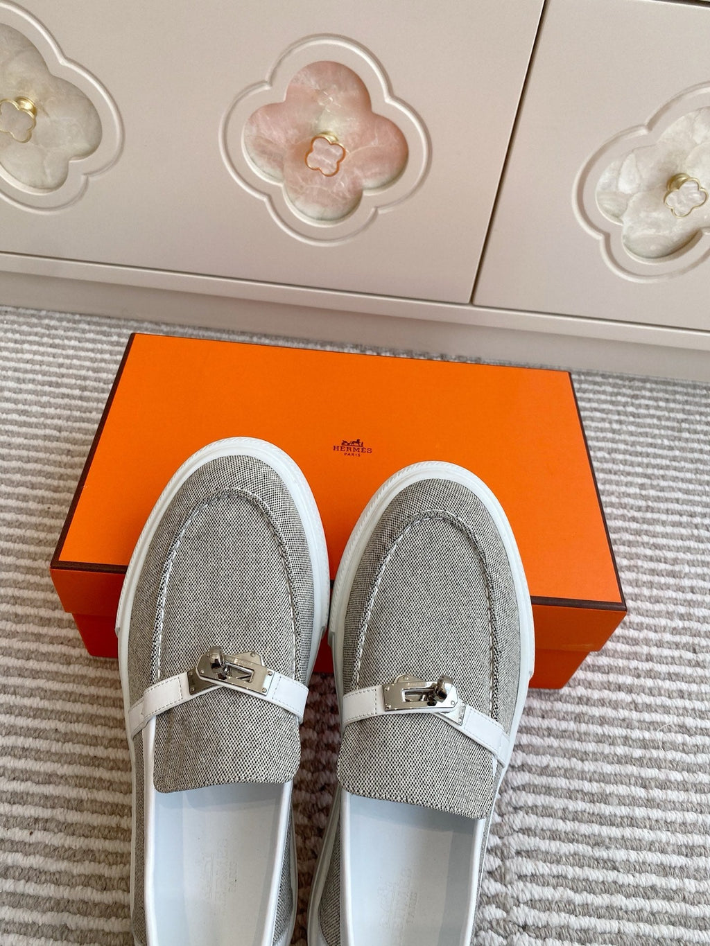 HERMES 25S SLIP-ON IN LIGHT GREY CANVAS WITH SILVER HARDWARE
