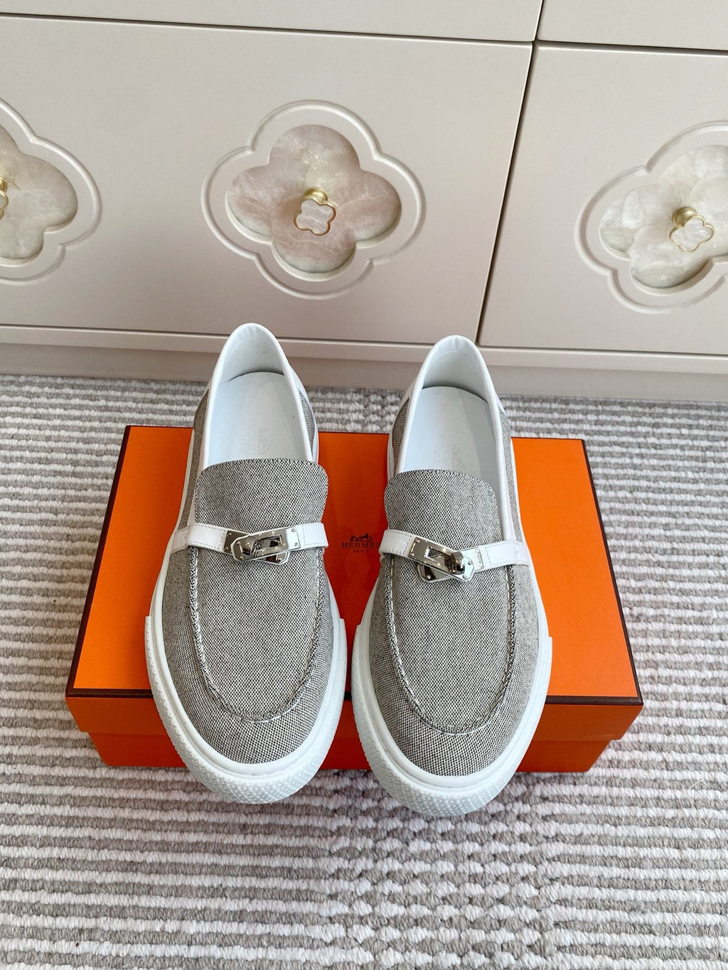 HERMES 25S SLIP-ON IN LIGHT GREY CANVAS WITH SILVER HARDWARE