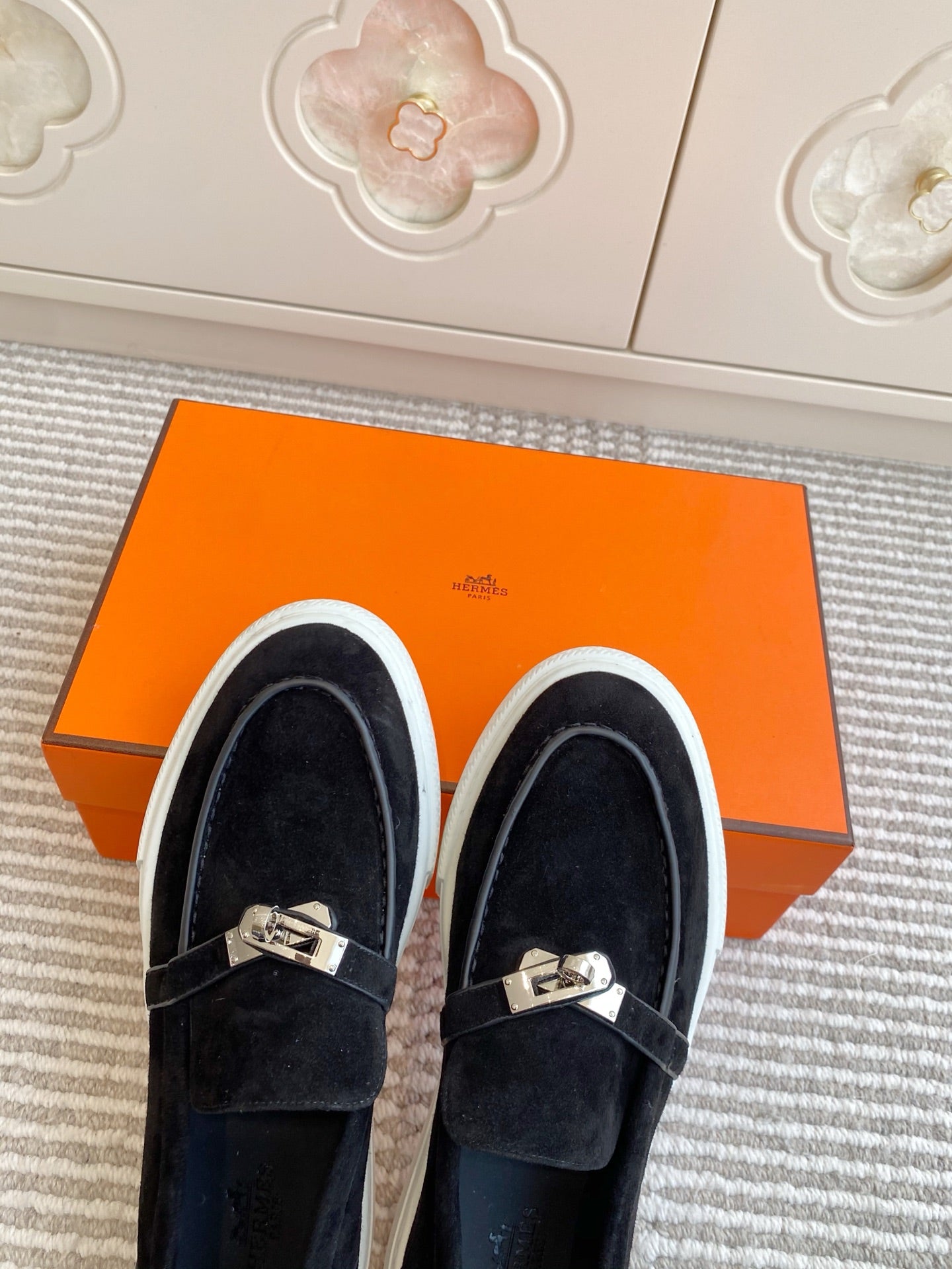 HERMES 25S SLIP-ON IN BLACK SUEDE WITH SILVER HARDWARE