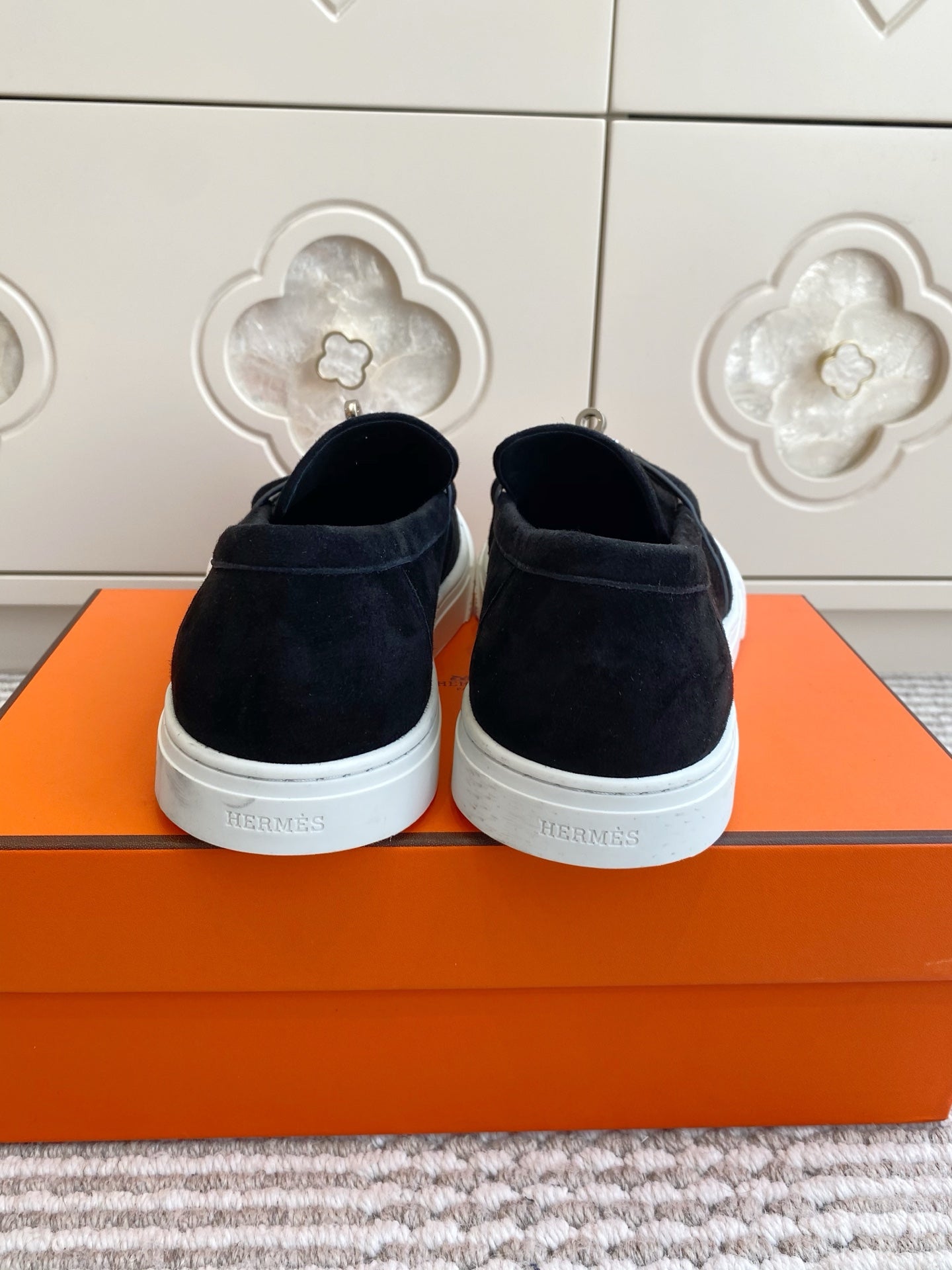 HERMES 25S SLIP-ON IN BLACK SUEDE WITH SILVER HARDWARE