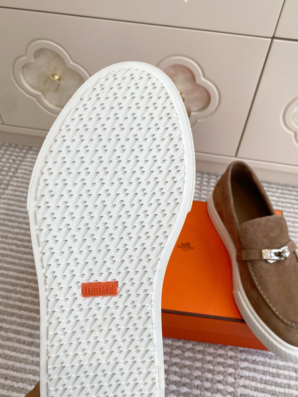 HERMES 25S SLIP-ON IN BROWN SUEDE WITH SILVER HARDWARE