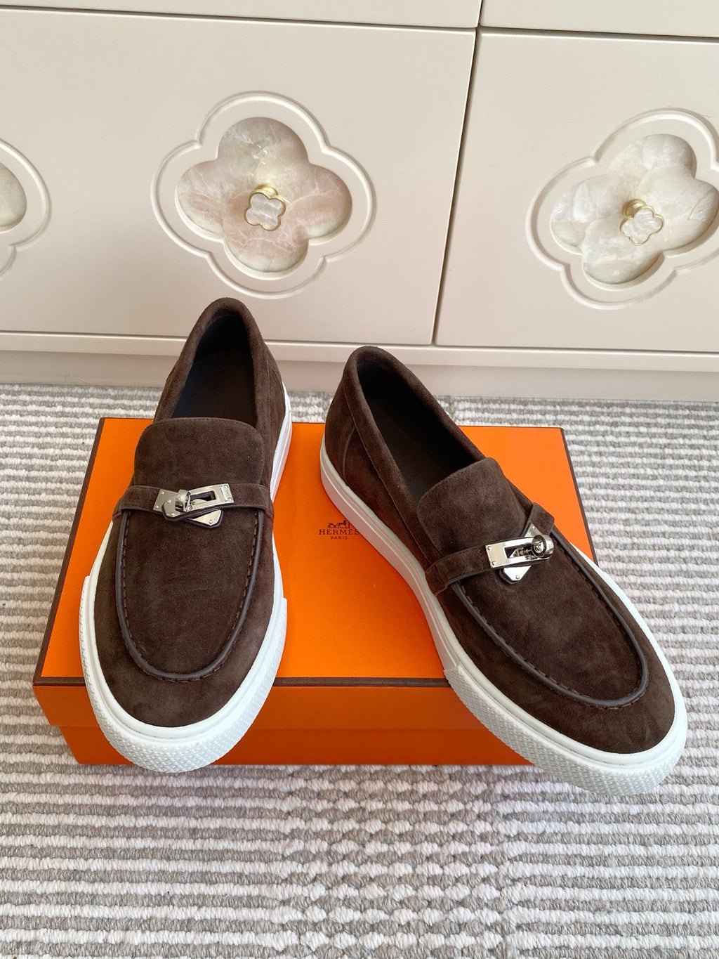 HERMES 25S SLIP-ON IN DARK BROWN SUEDE WITH SILVER HARDWARE